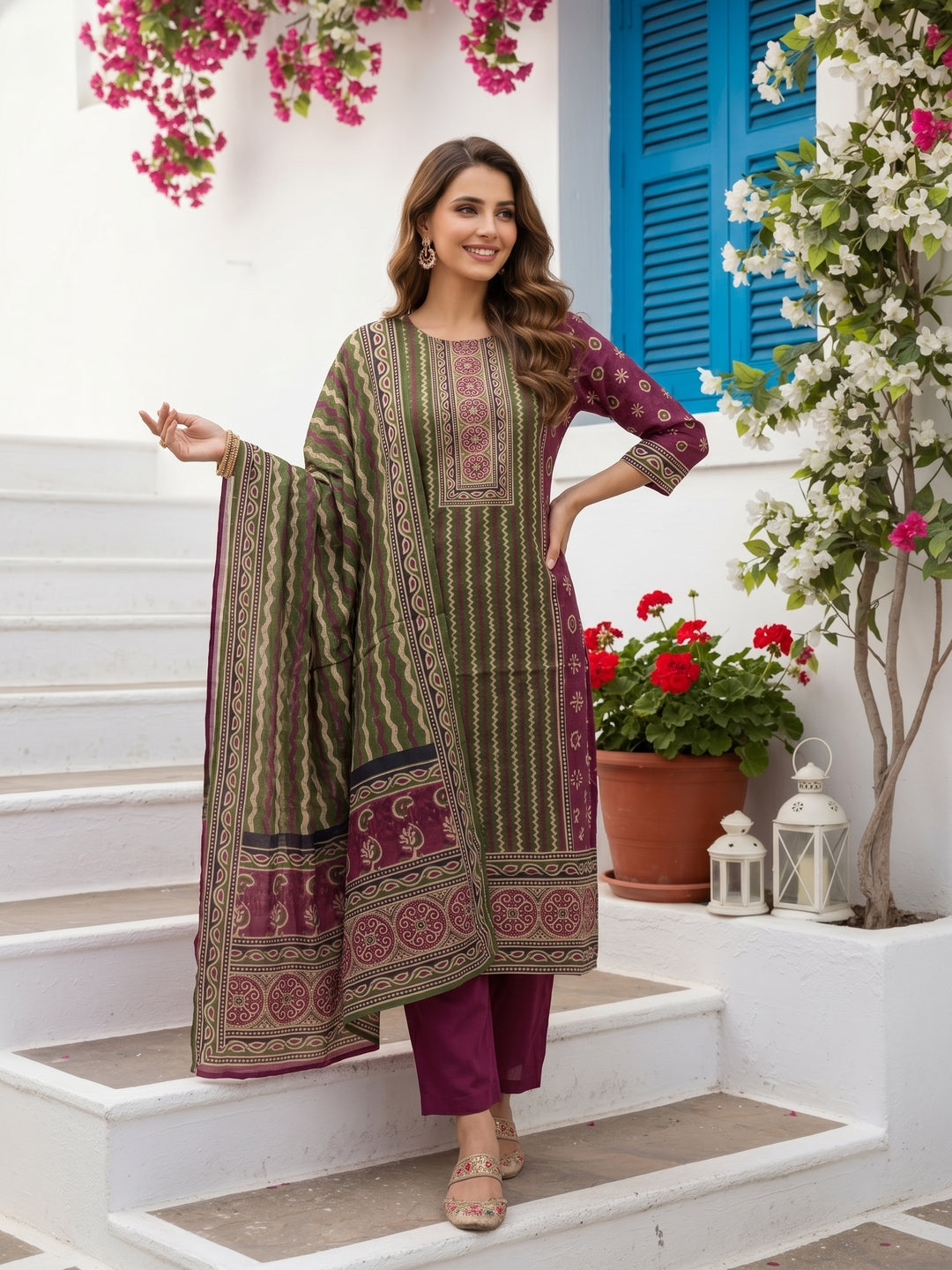 Geometric Block Printed & Mirror Work Embroidered Straight Kurta with Trouser & Dupatta - Purple