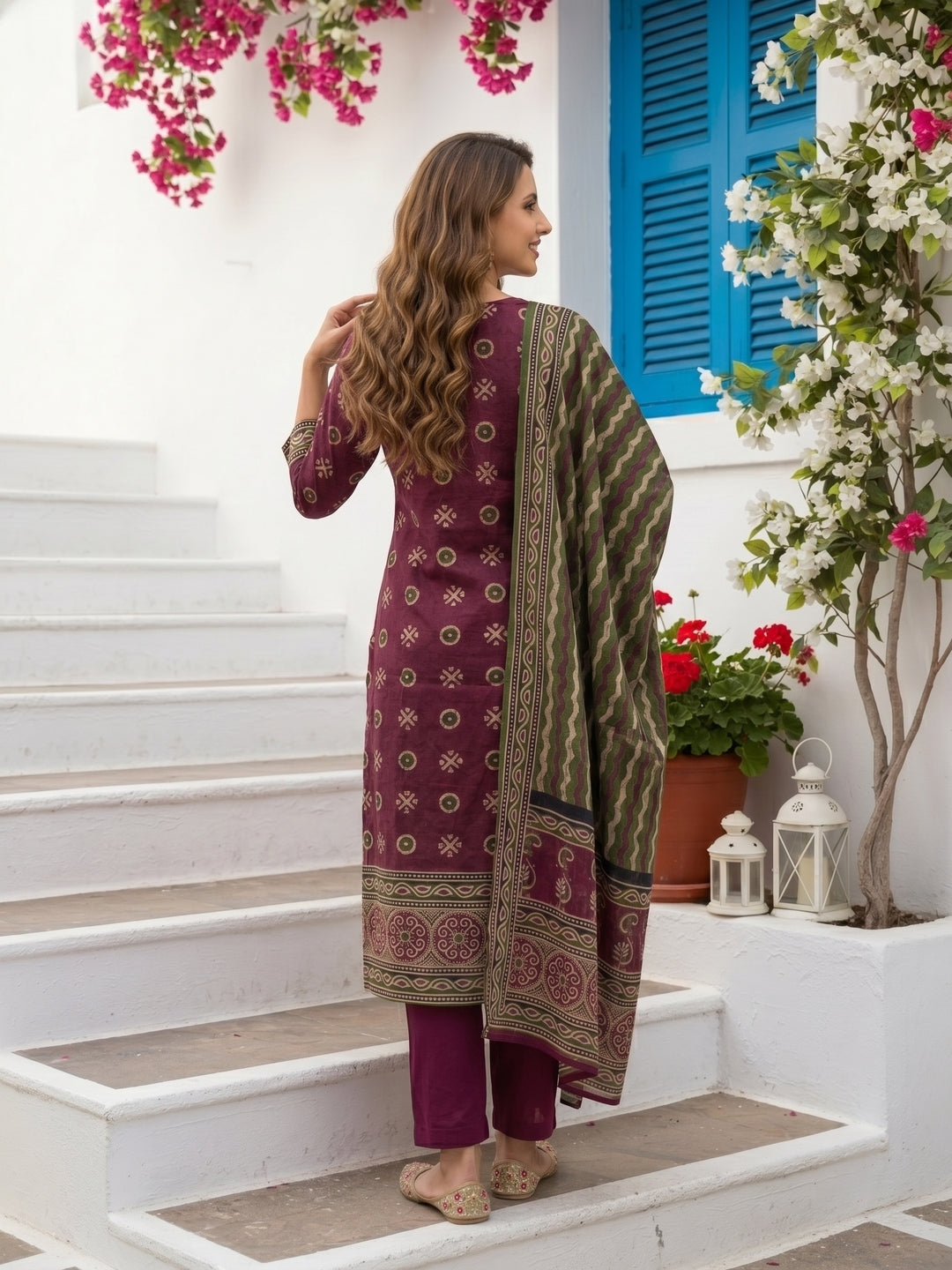 Geometric Block Printed & Mirror Work Embroidered Straight Kurta with Trouser & Dupatta - Purple