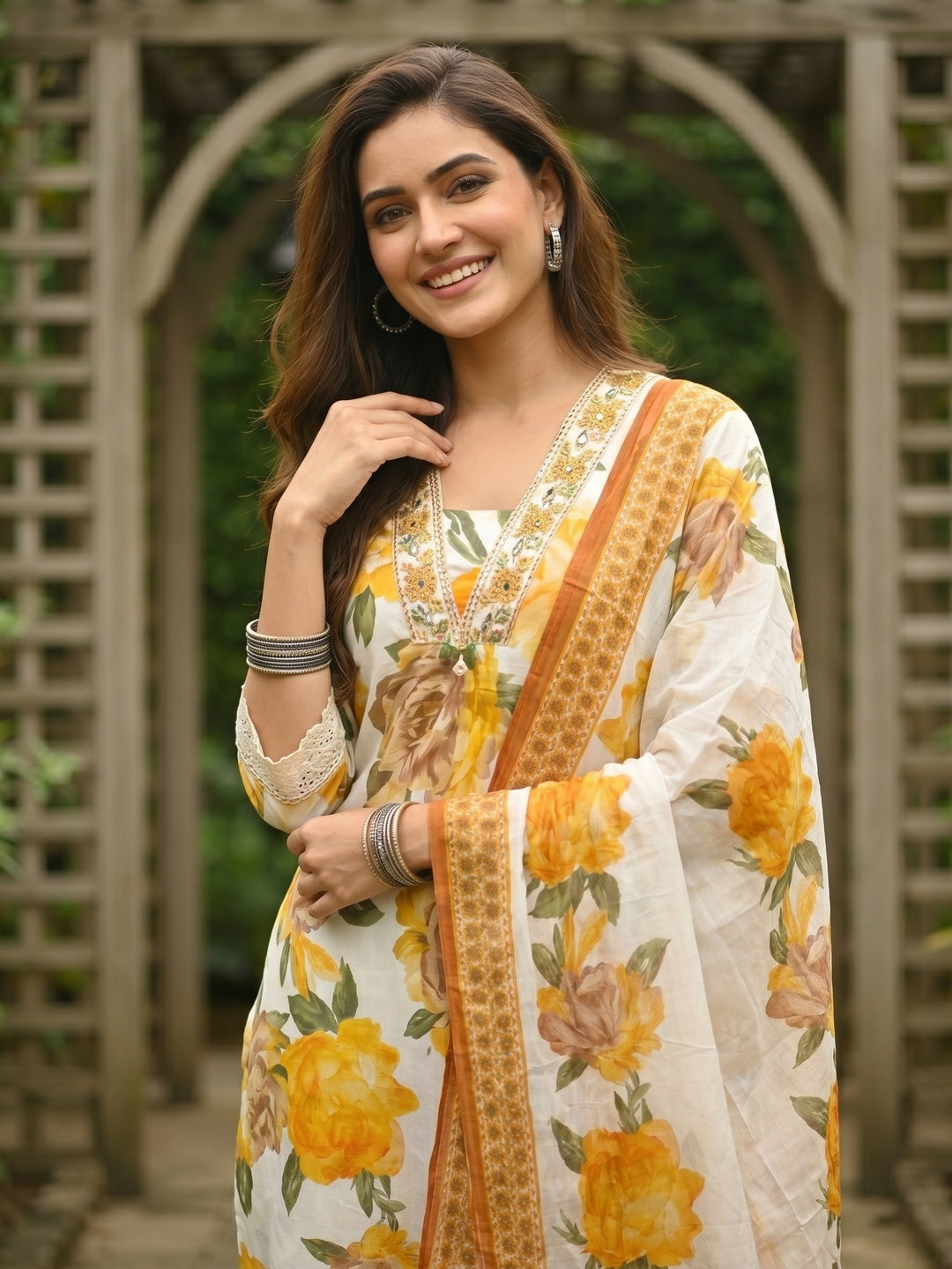 Abstract Floral Printed A-Line Kurta with Pant & Dupatta - Yellow