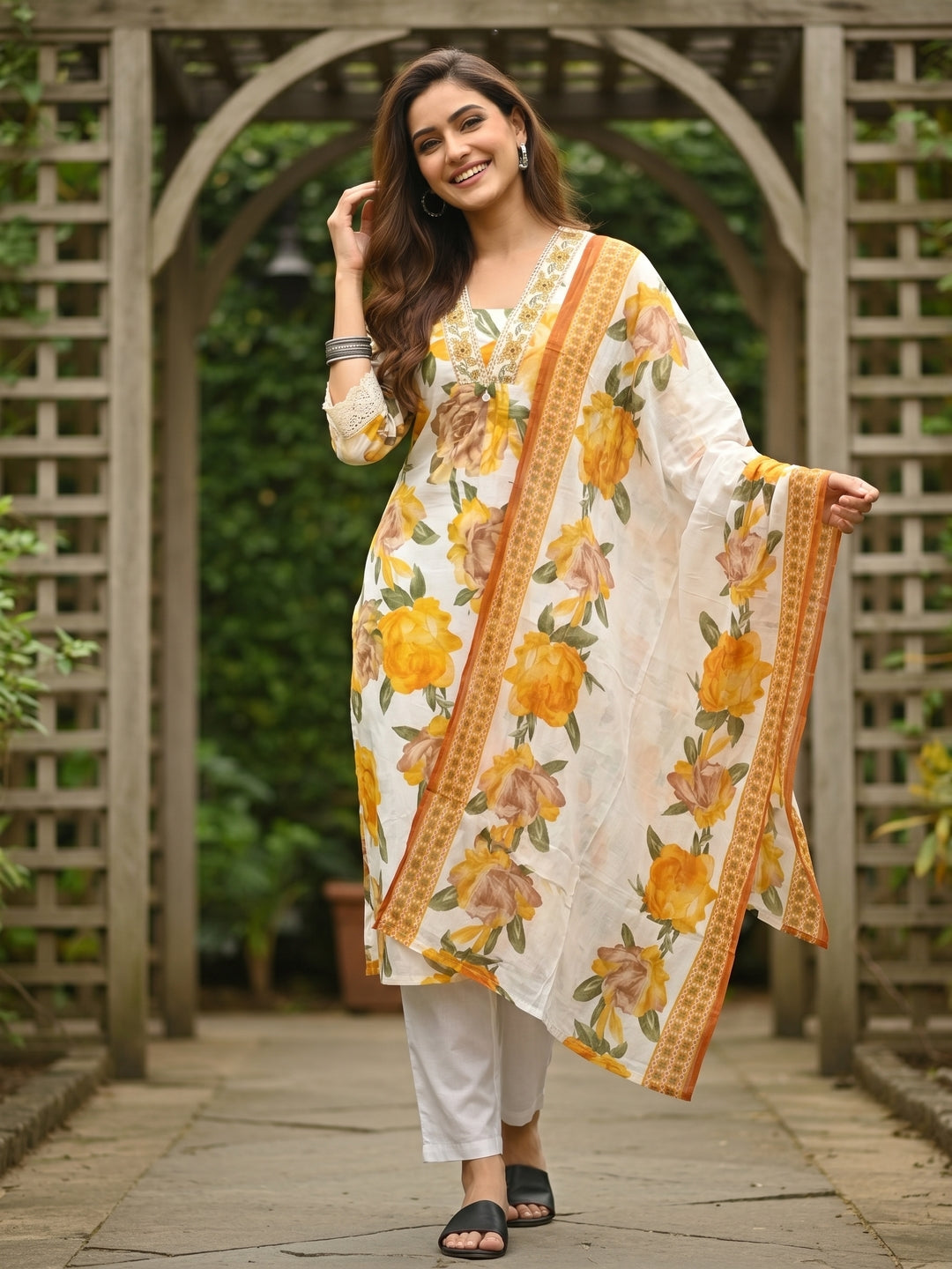 Abstract Floral Printed A-Line Kurta with Pant & Dupatta - Yellow