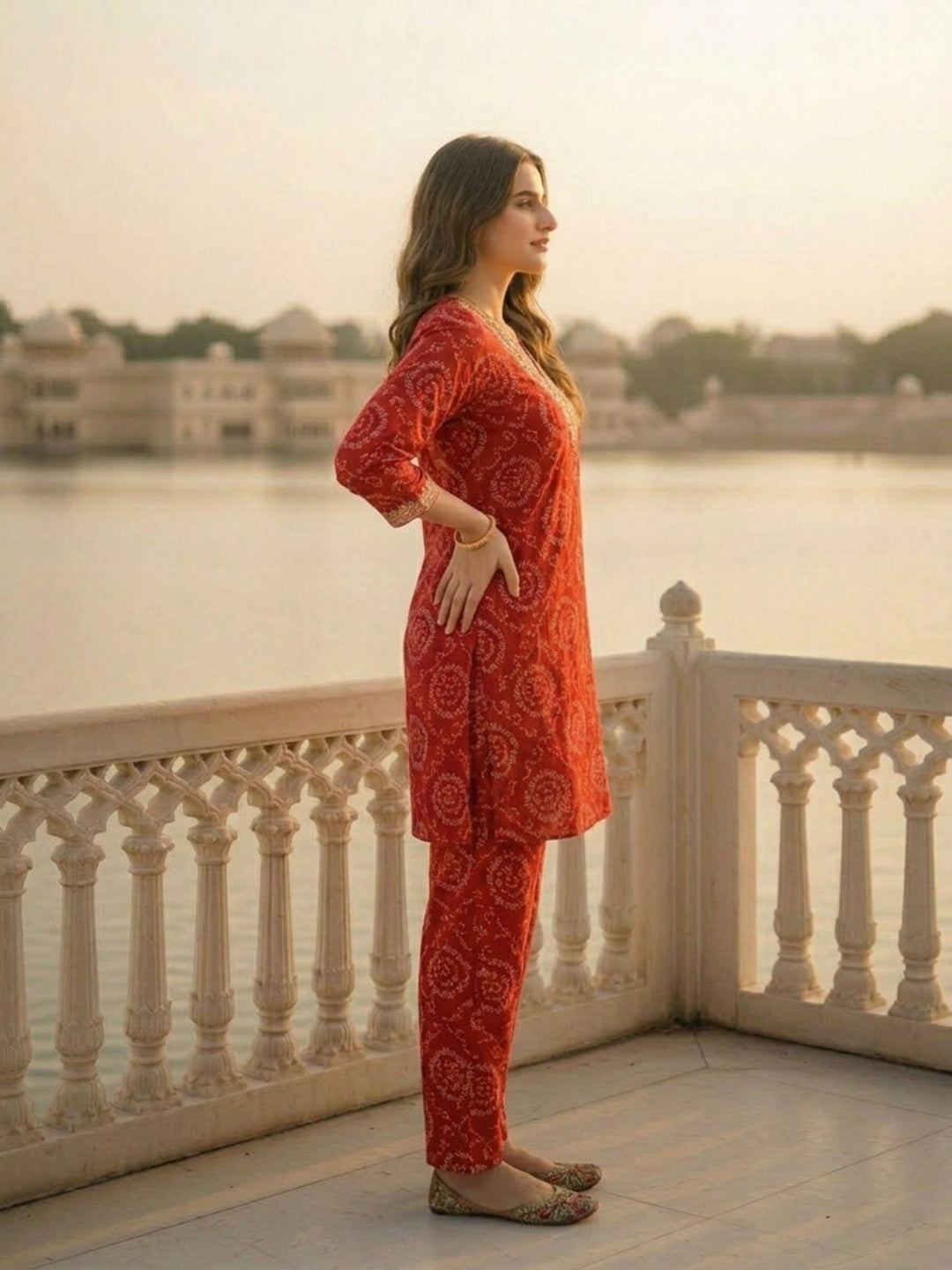 Bandhani Printed Embroidered A-Line Co-ord Set - Red