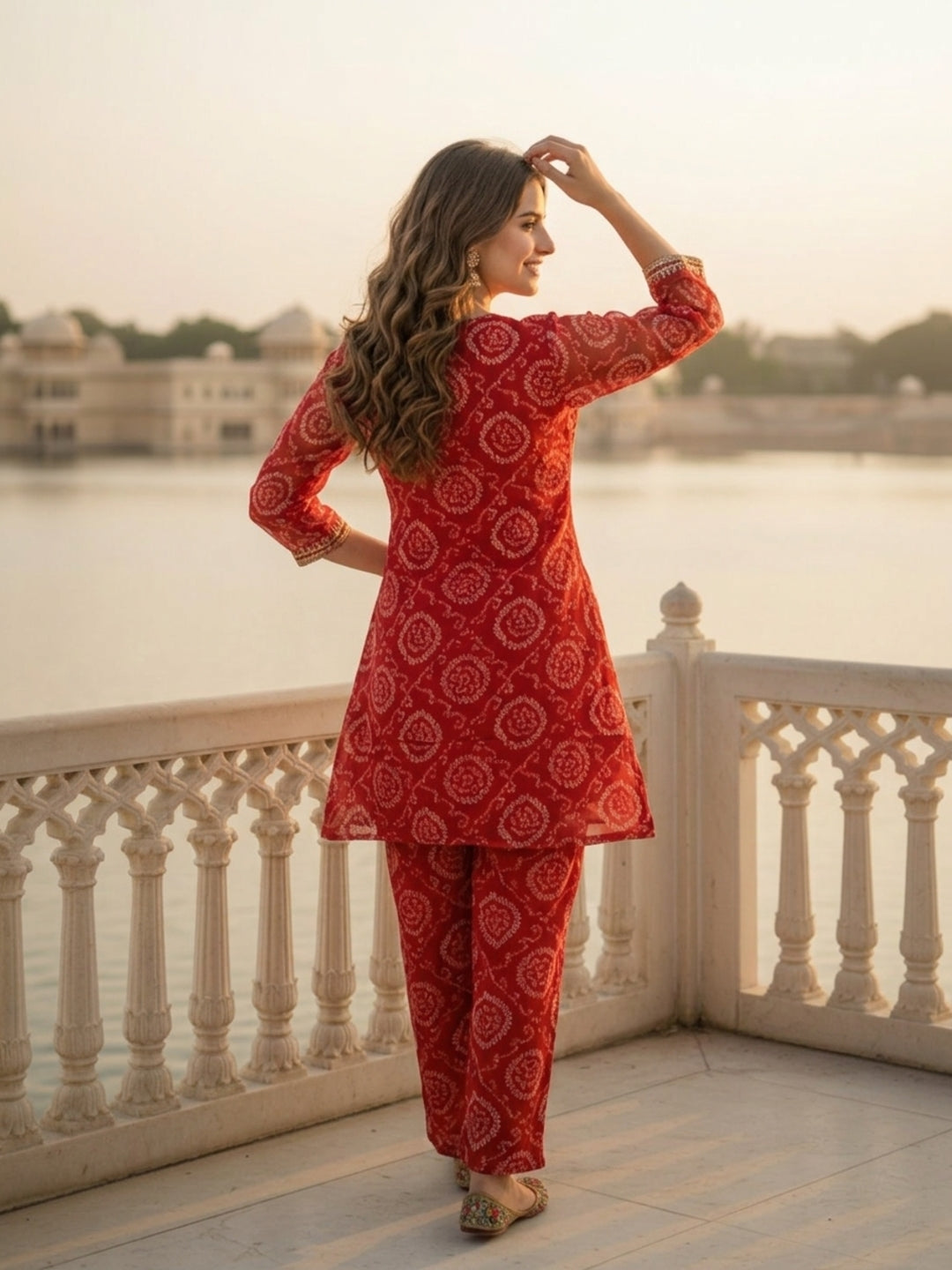 Bandhani Printed Embroidered A-Line Co-ord Set - Red