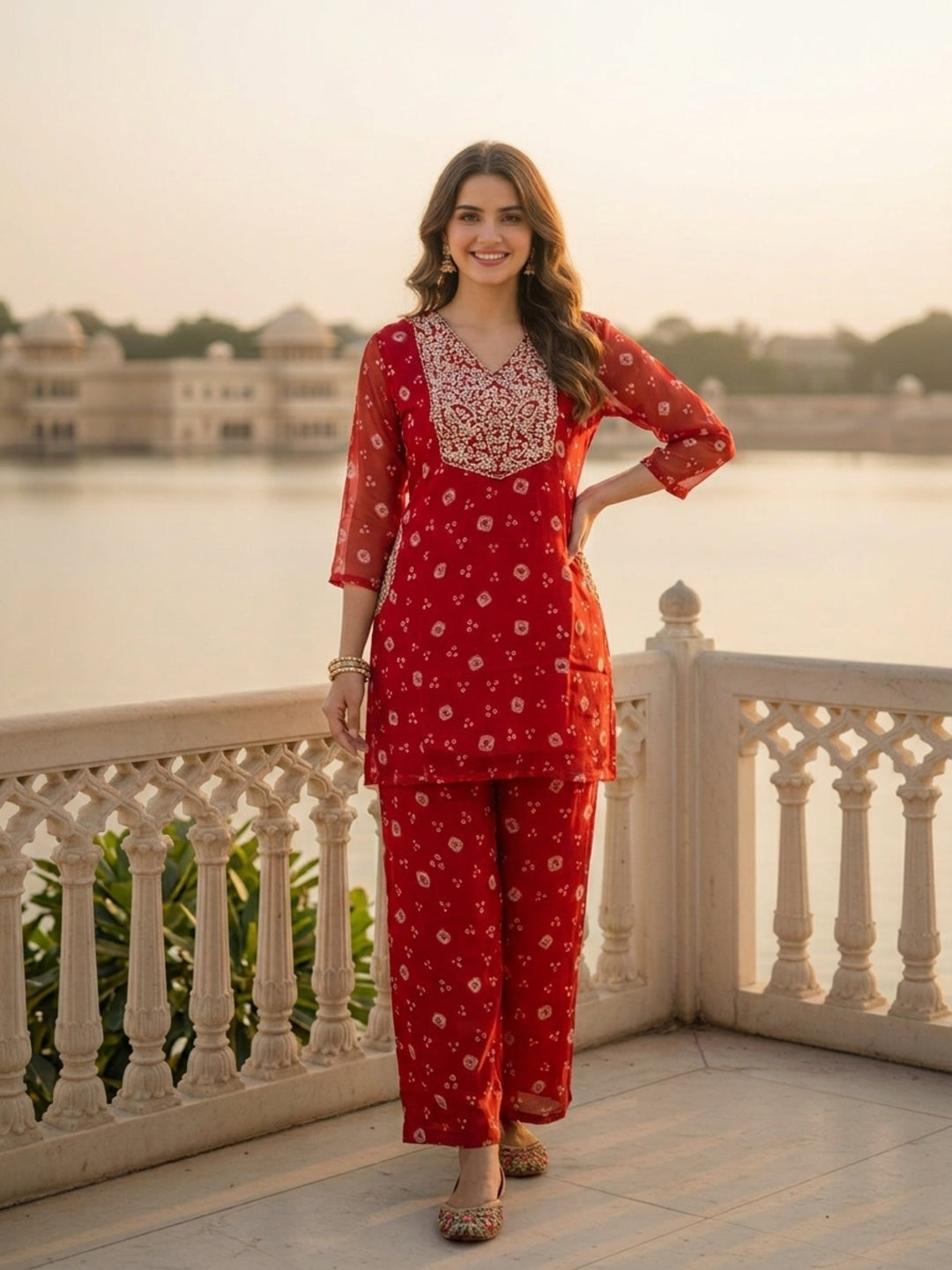 Bandhani Printed Embroidered A-Line Co-ord Set - Red