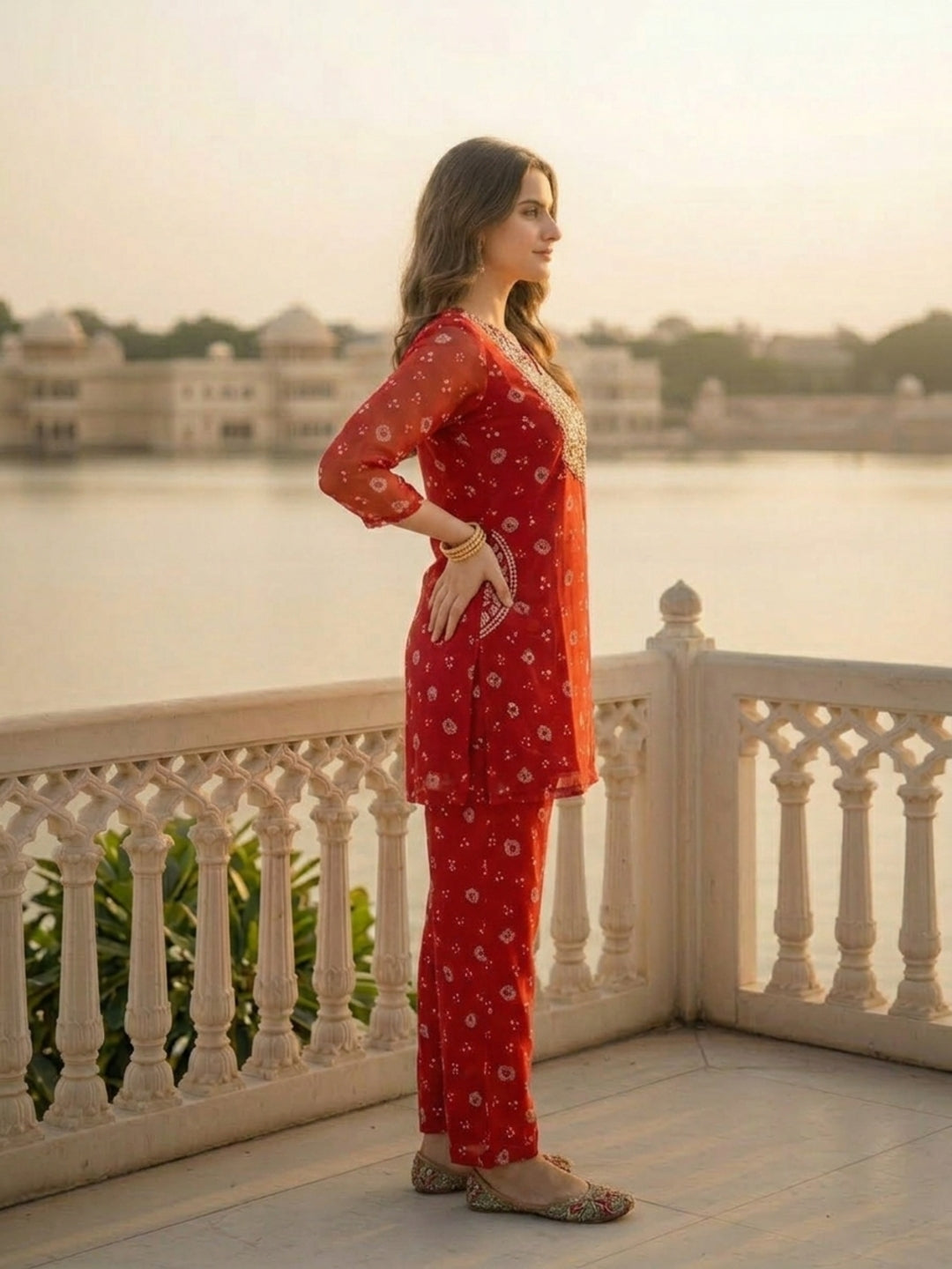 Bandhani Printed Embroidered A-Line Co-ord Set - Red