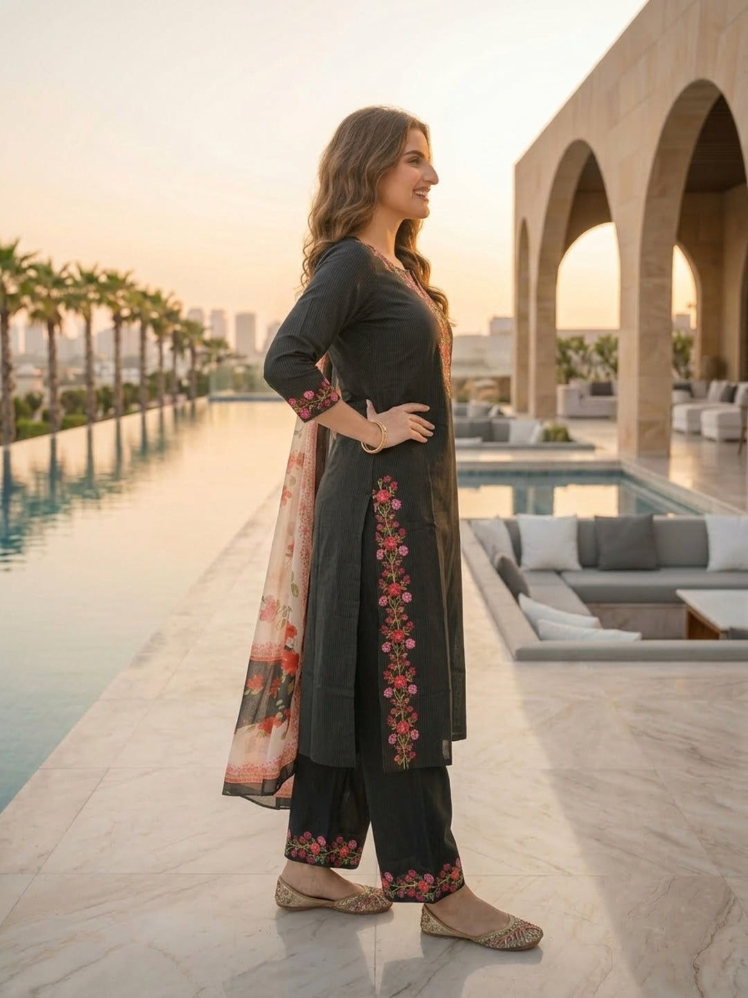 Solid Floral Embroidered Straight Kurta with Palazzo & Dupatta - Black