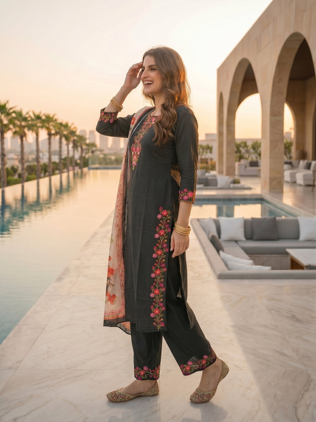 Solid Floral Embroidered Straight Kurta with Palazzo & Dupatta - Black