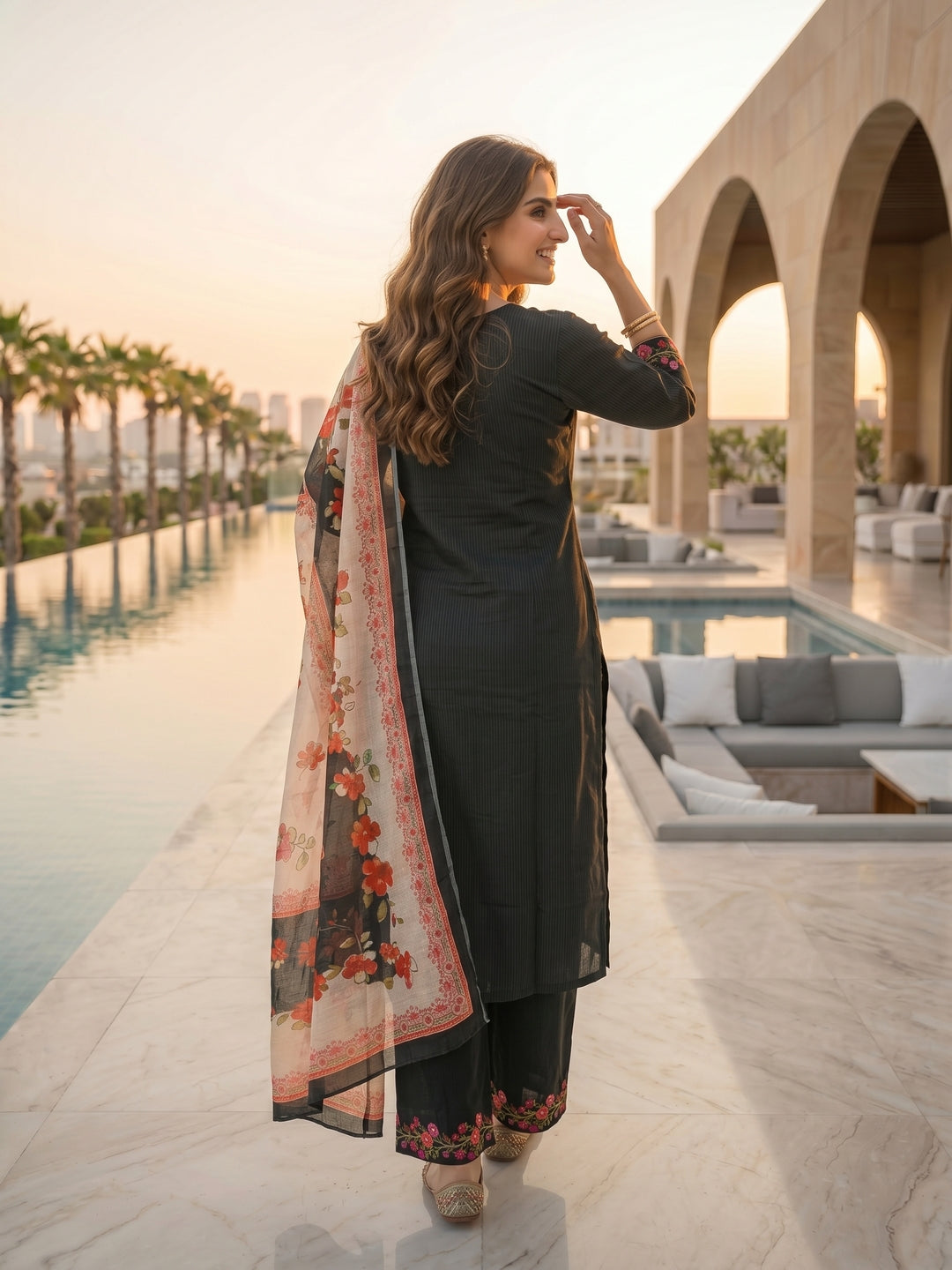 Solid Floral Embroidered Straight Kurta with Palazzo & Dupatta - Black
