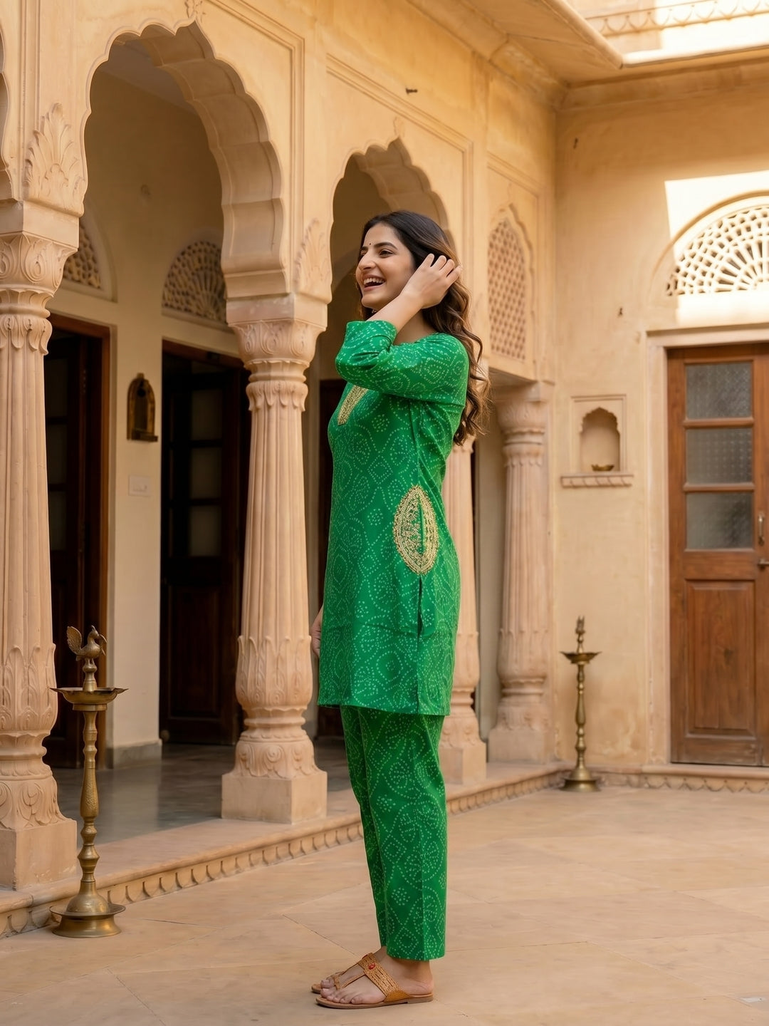 Bandhani Printed Embroidered A-Line Co-ord Set - Green