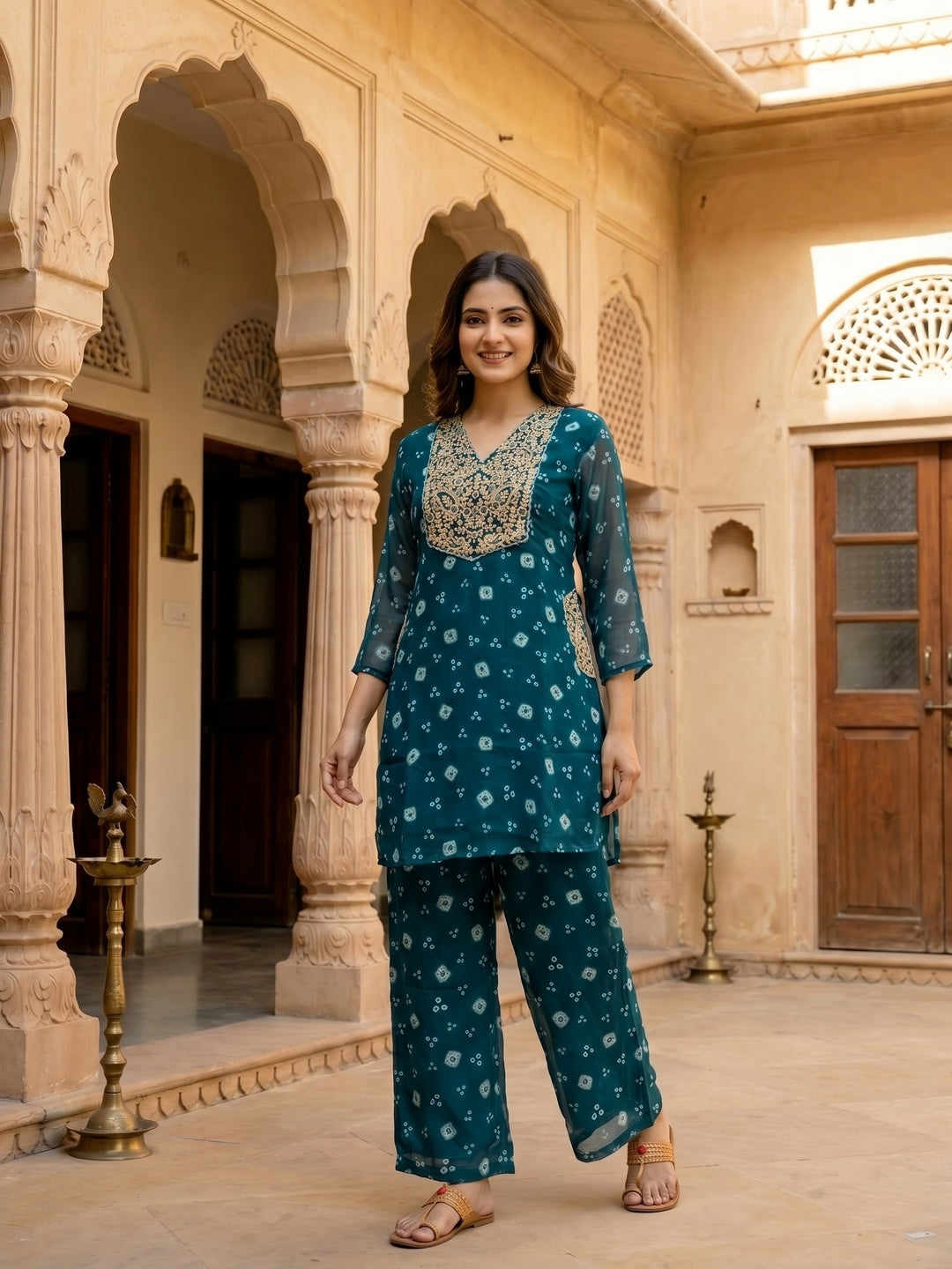 Bandhani Printed Embroidered A-Line Co-ord Set - Blue