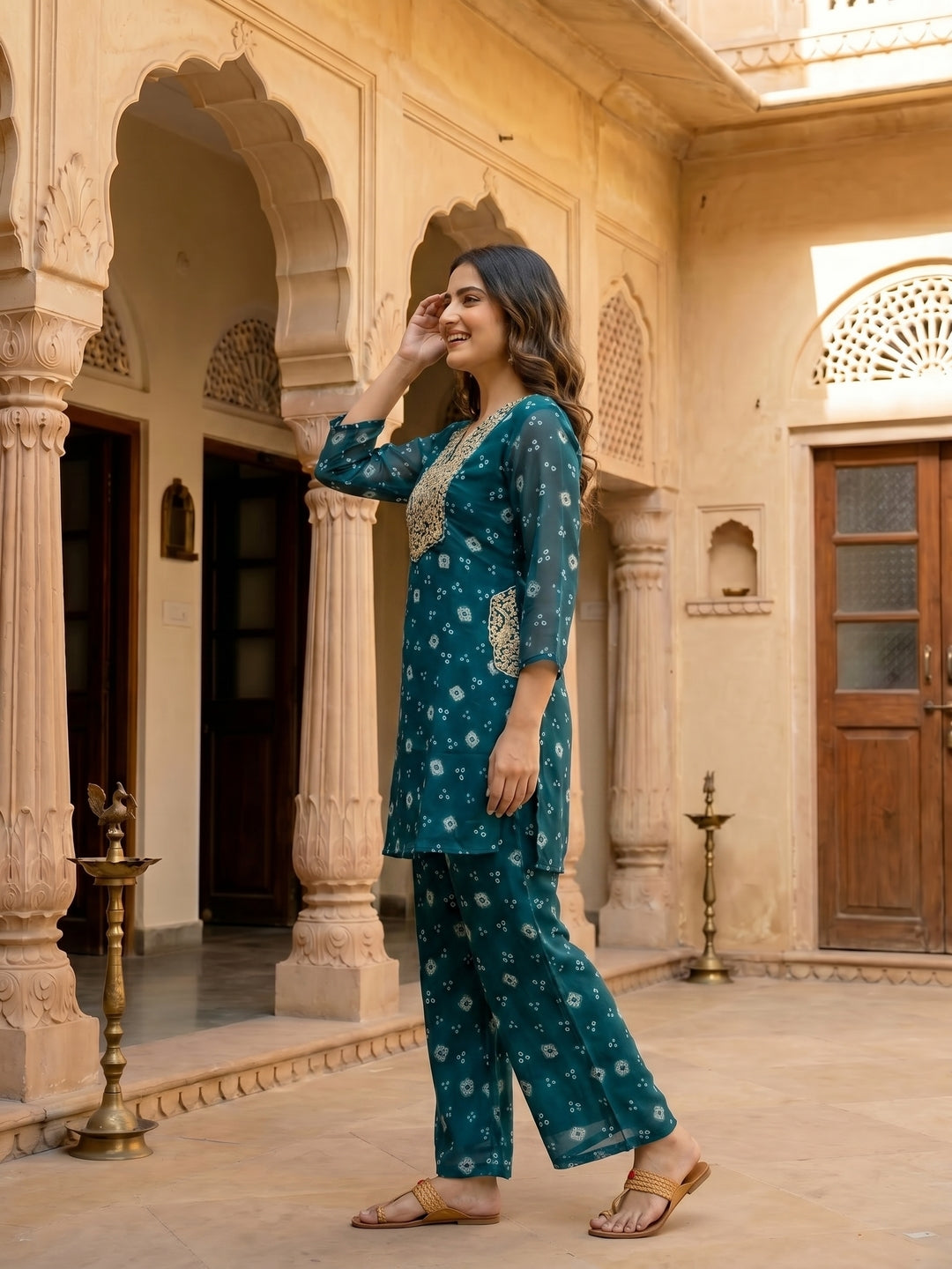 Bandhani Printed Embroidered A-Line Co-ord Set - Blue