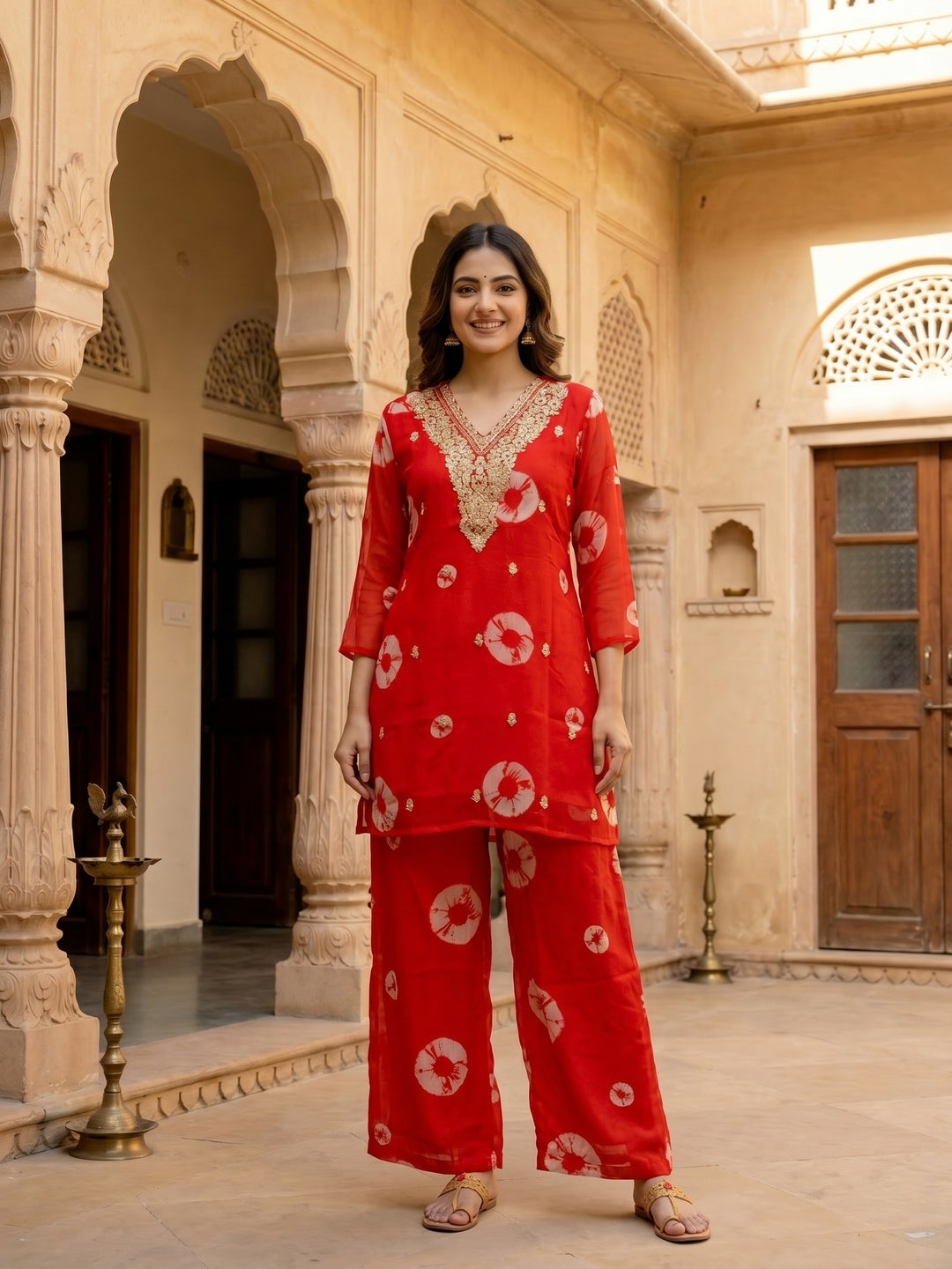 Abstract Printed Embroidered A-Line Co-ord Set - Red
