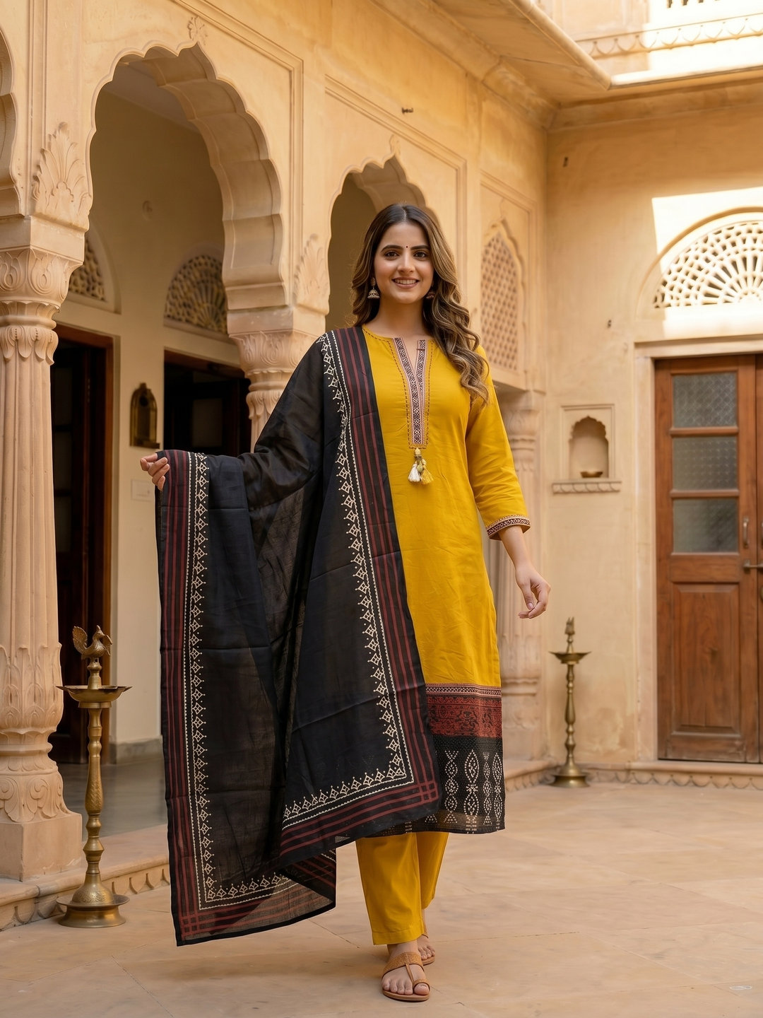 Solid Ethnic Anarkali Kurta with Pant & Dupatta - Mustard