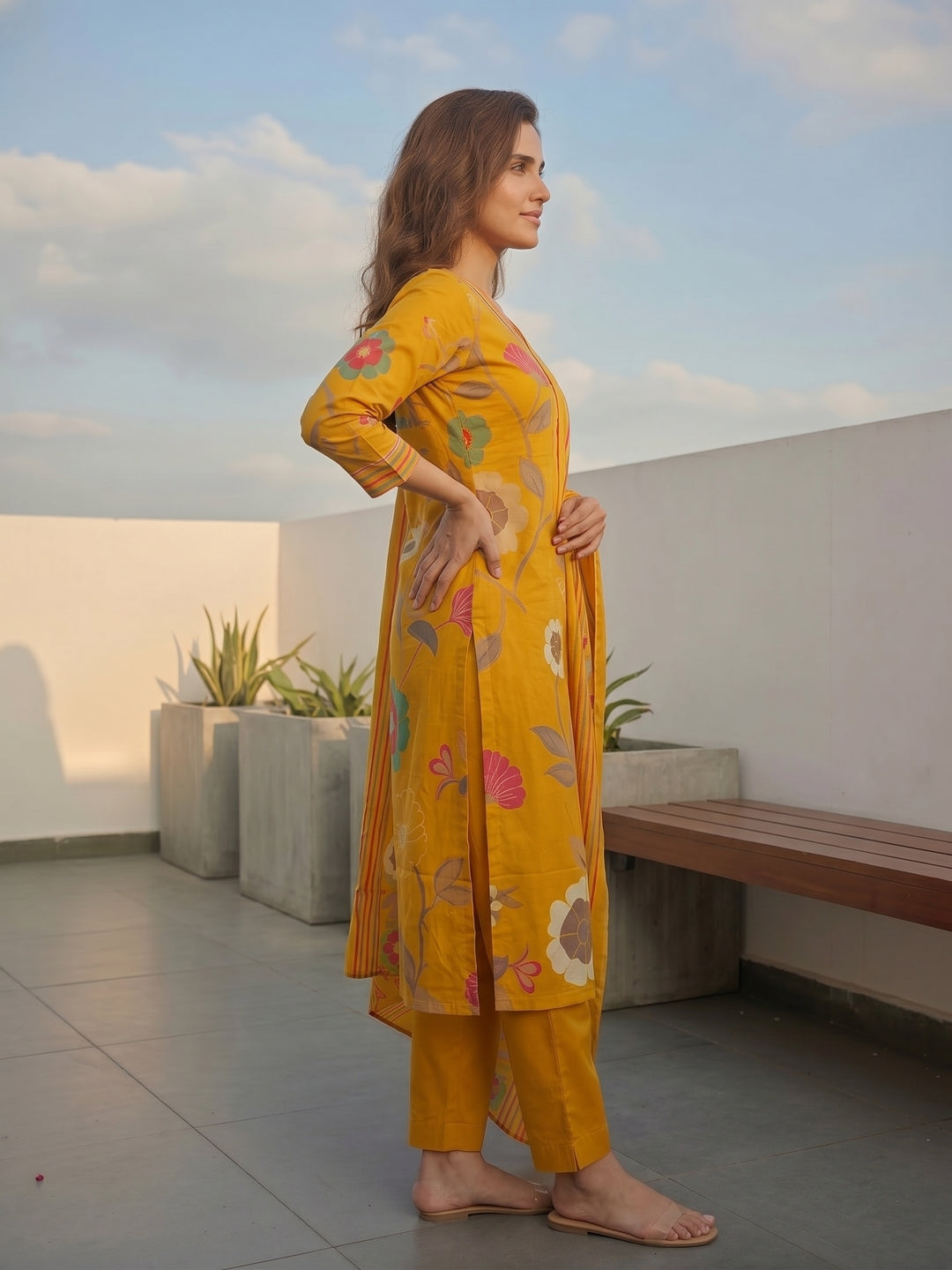 Abstract Floral Printed Straight Kurta with Pant and Dupatta - Yellow