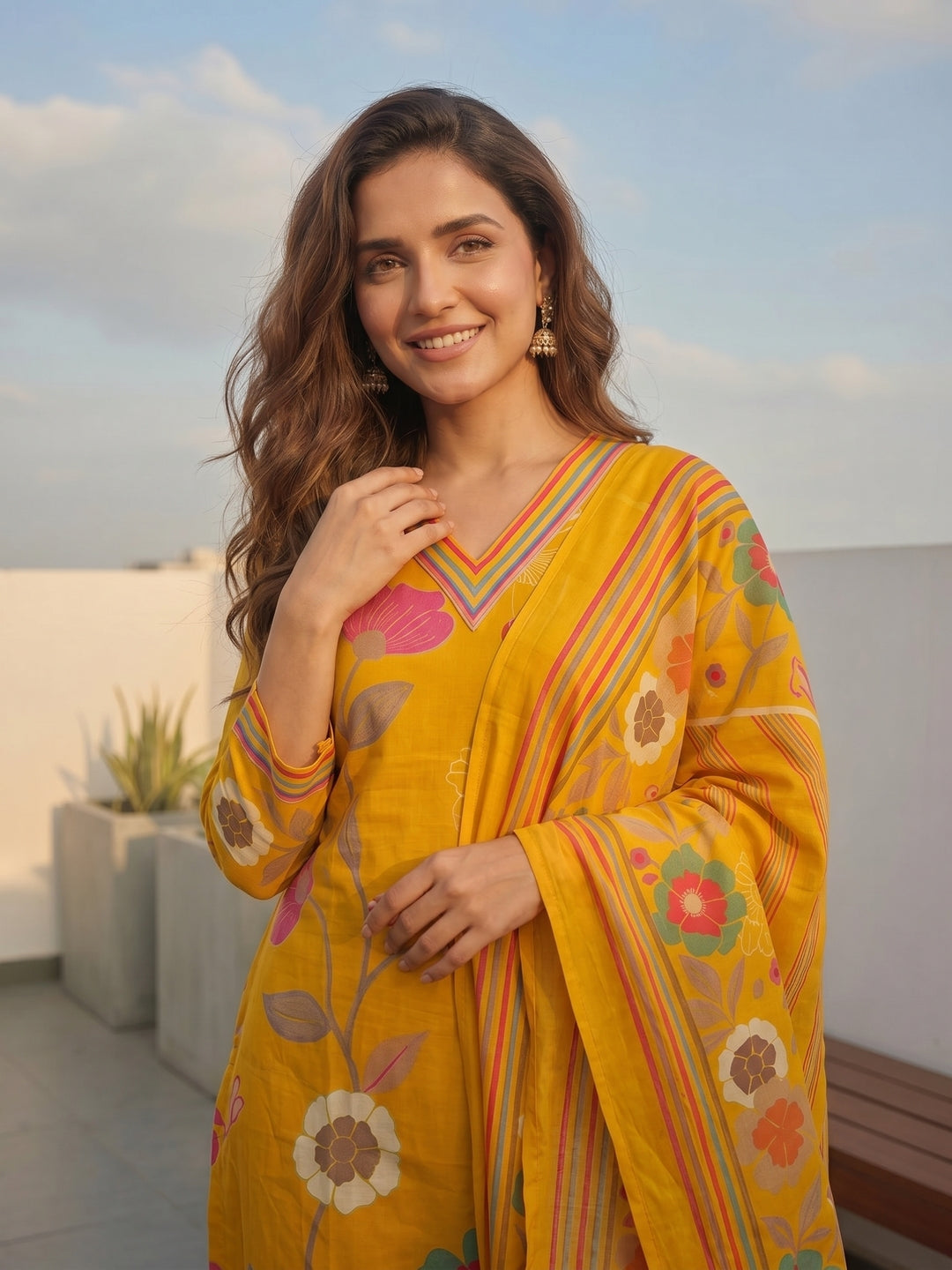 Abstract Floral Printed Straight Kurta with Pant and Dupatta - Yellow