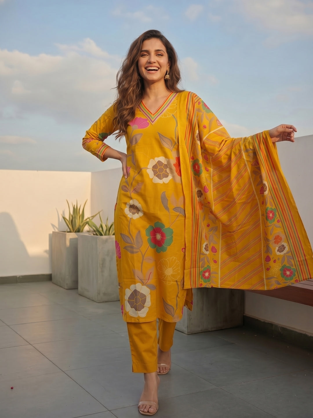 Abstract Floral Printed Straight Kurta with Pant and Dupatta - Yellow