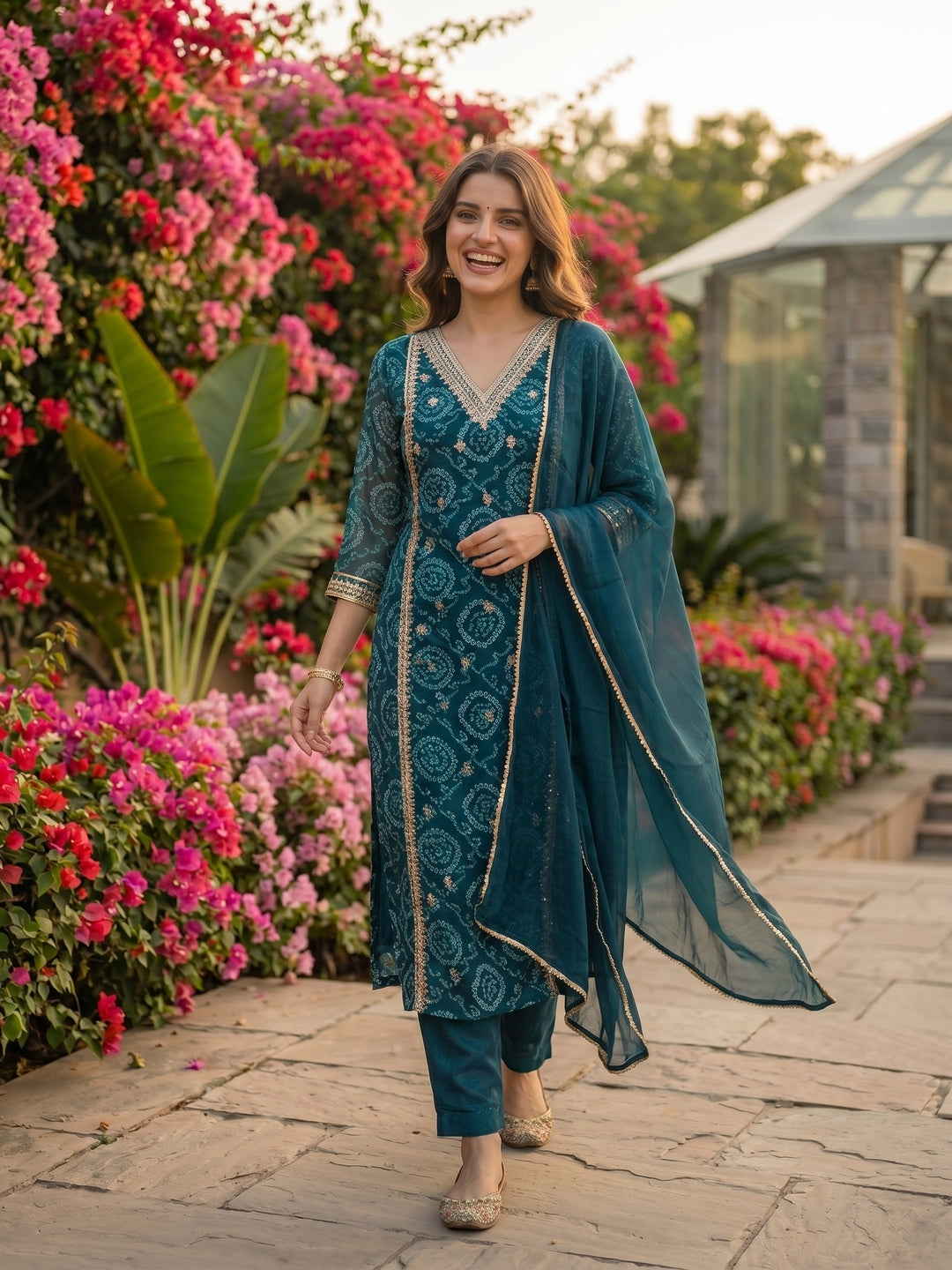 Bandhani Printed Embroidered Straight Kurta with Pant and Dupatta - Blue