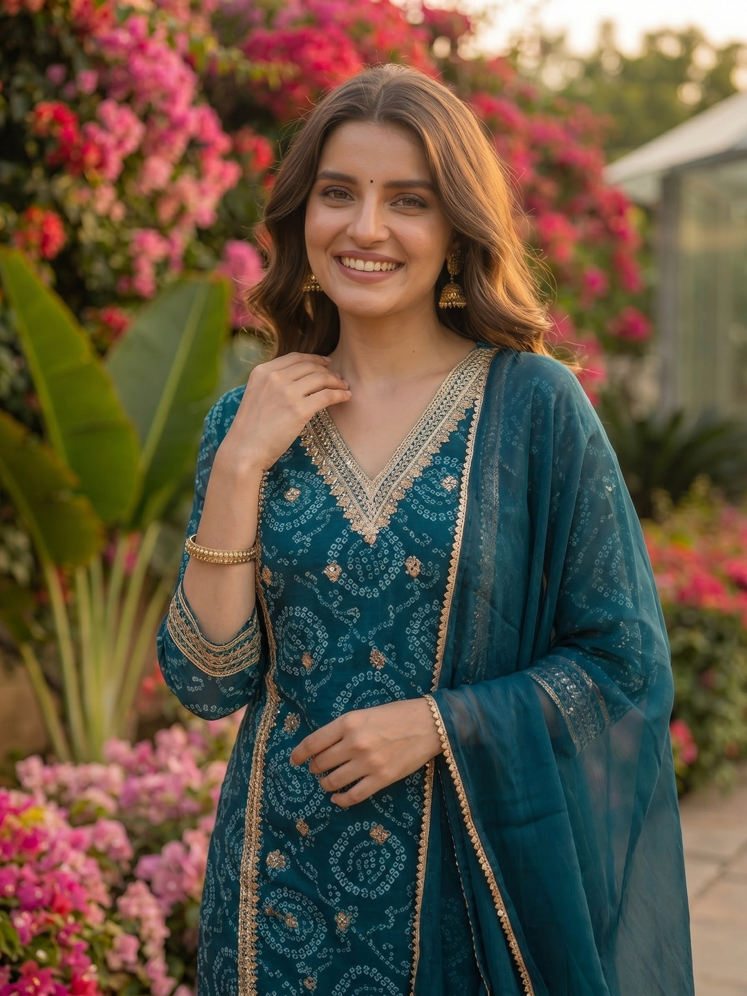 Bandhani Printed Embroidered Straight Kurta with Pant and Dupatta - Blue