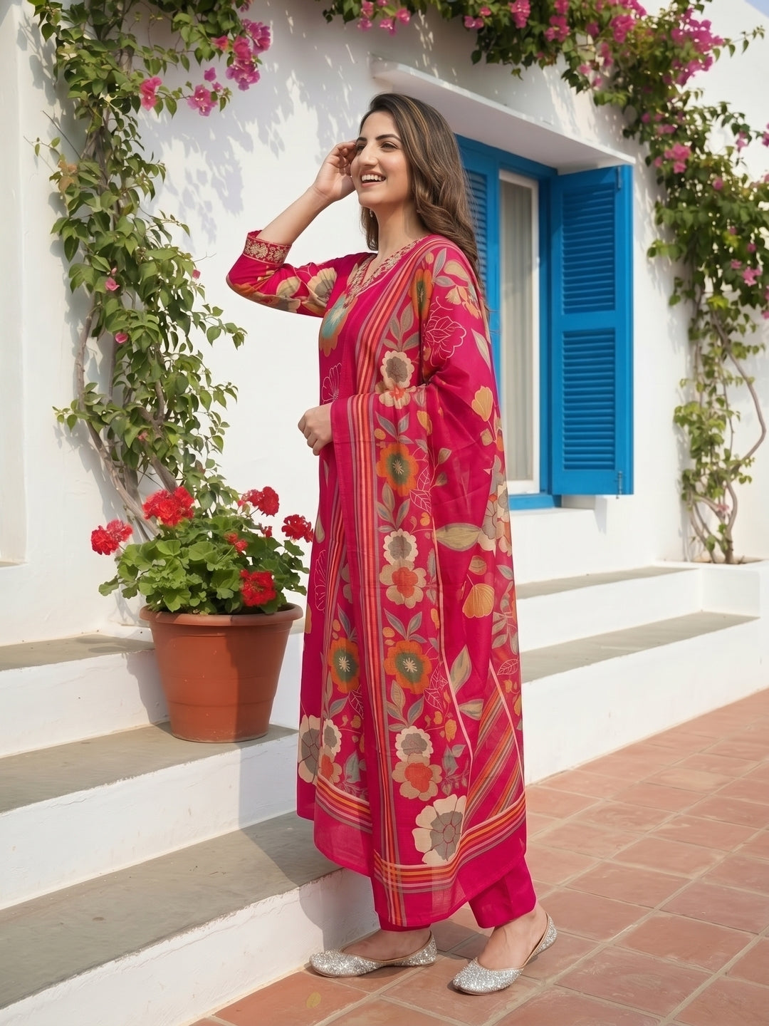 Abstract Floral Printed Straight Kurta with Pant and Dupatta - Pink