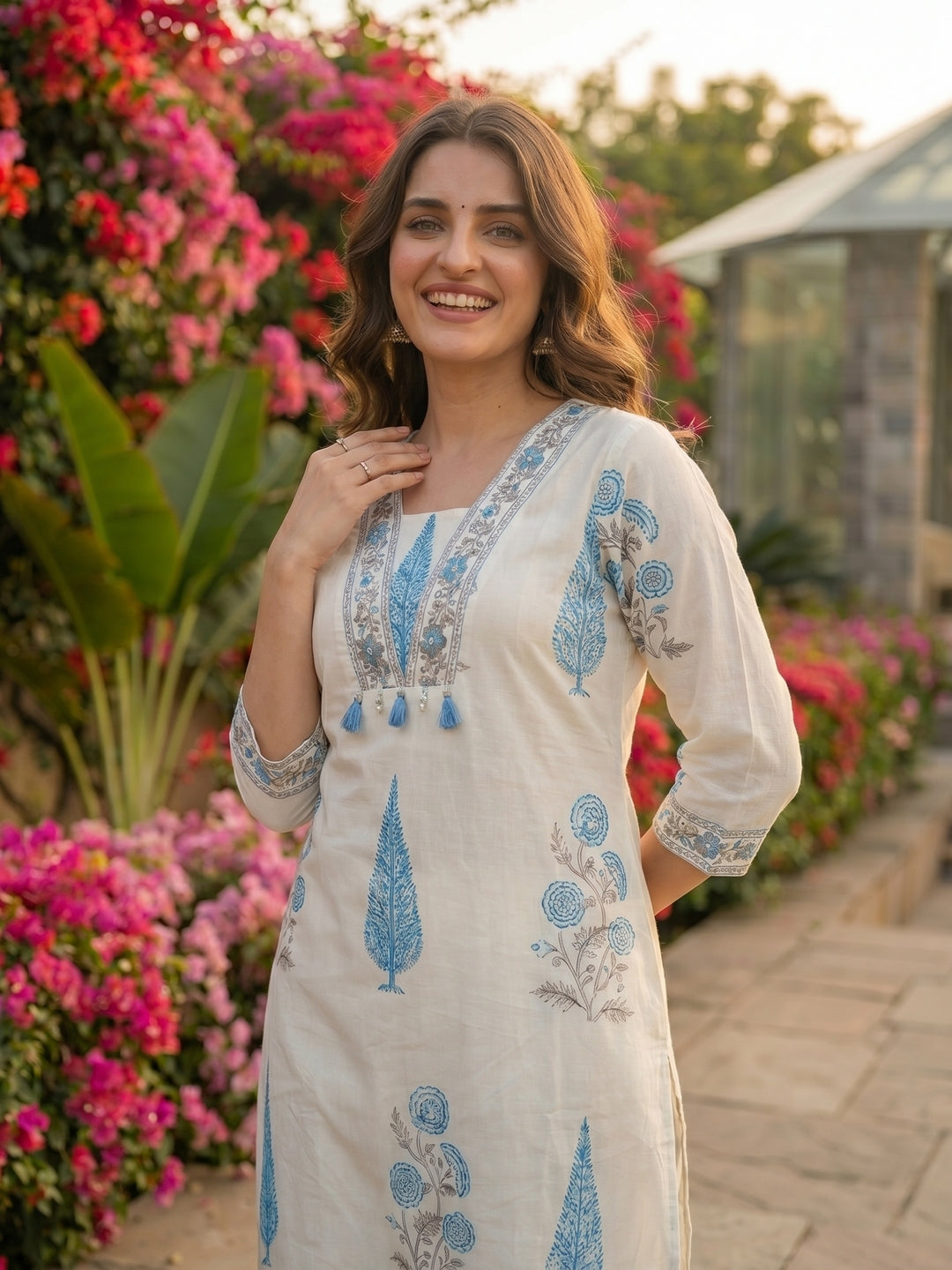 Mughal Print Embroidered A-Line Kurta with Palazzo - Blue