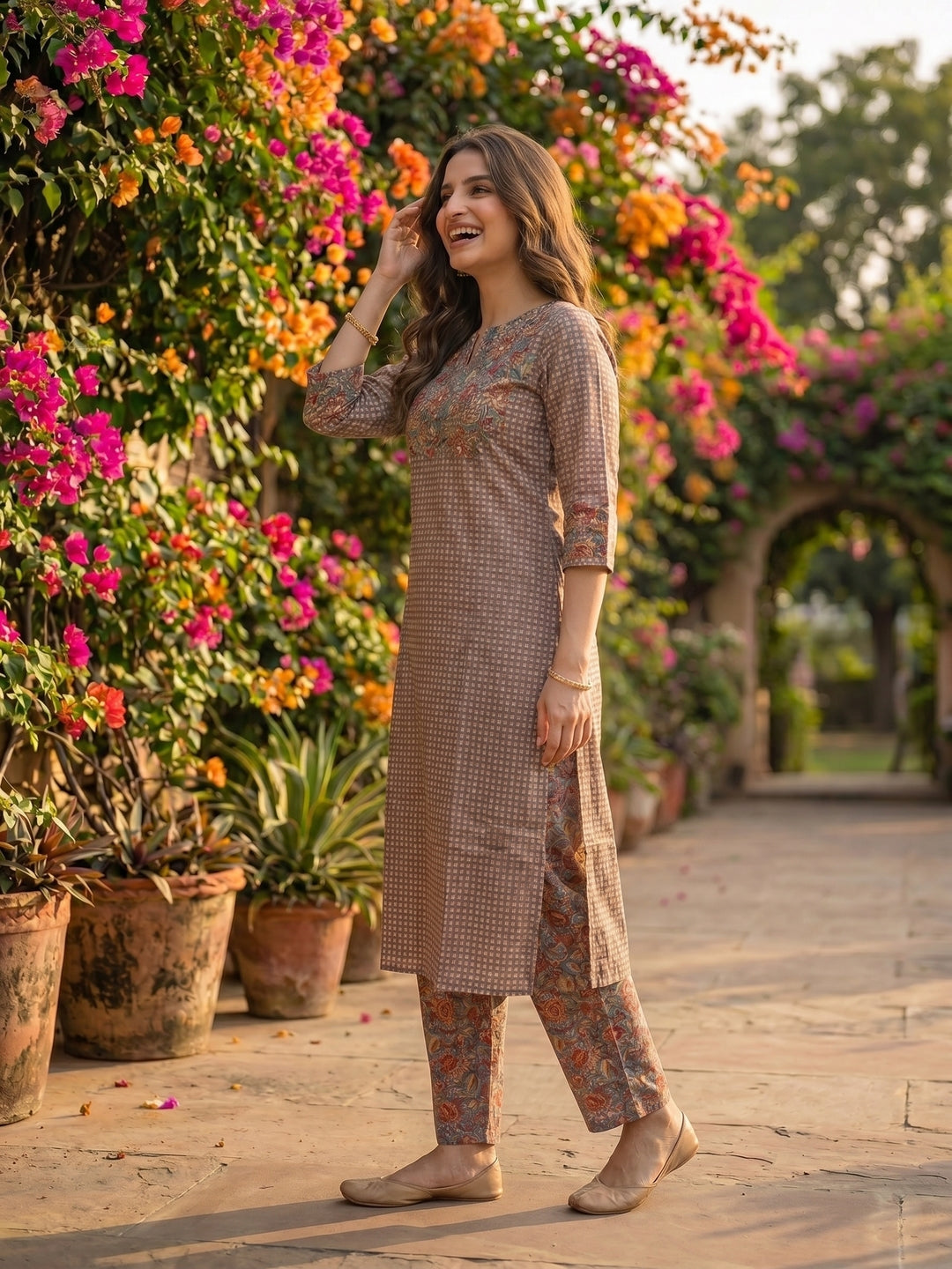 Checks & Jaal Print Kantha Mirror Work Straight Kurta with Palazzo - Brown