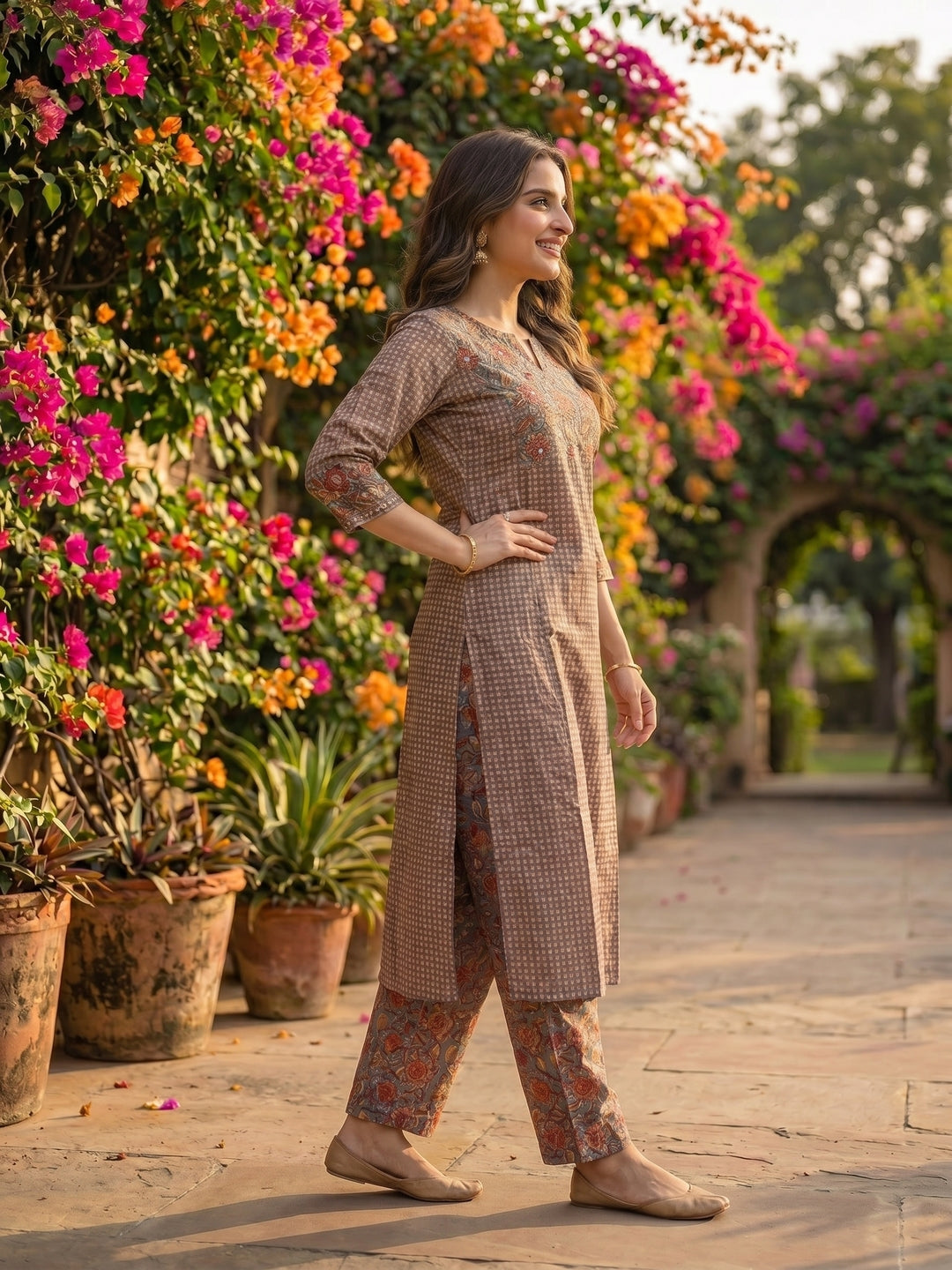 Checks & Jaal Print Kantha Mirror Work Straight Kurta with Palazzo - Brown