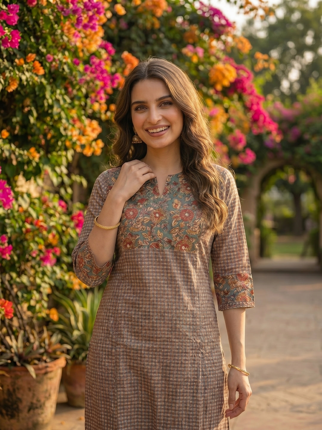Checks & Jaal Print Kantha Mirror Work Straight Kurta with Palazzo - Brown