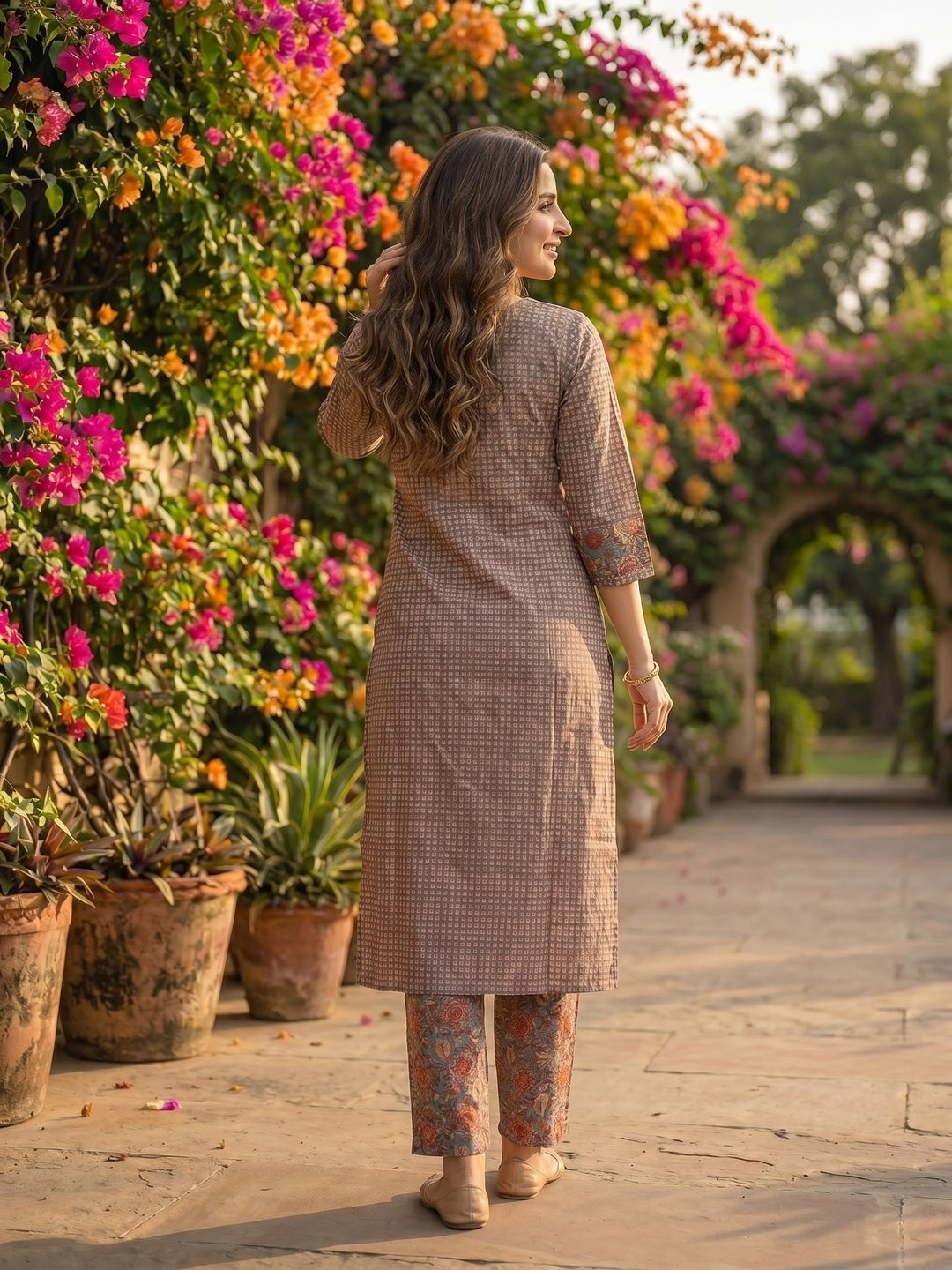 Checks & Jaal Print Kantha Mirror Work Straight Kurta with Palazzo - Brown