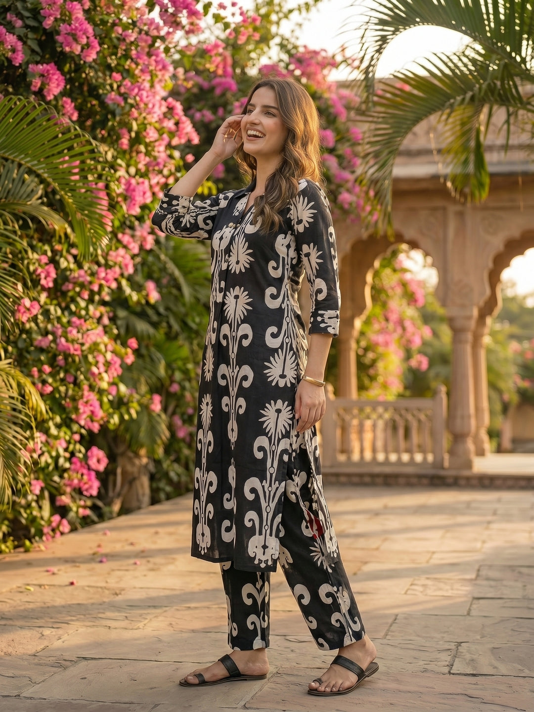 Ikat Print Straight Kurta with Palazzo - Black
