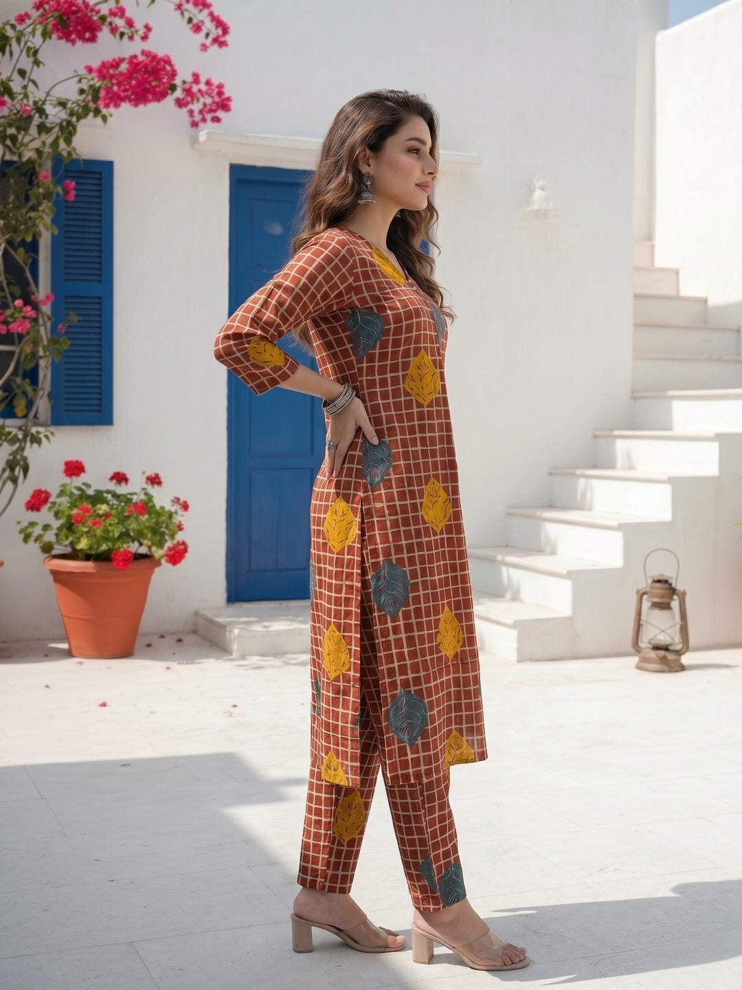 Abstract Checks & Foliage Print Straight Kurta with Palazzo - Maroon