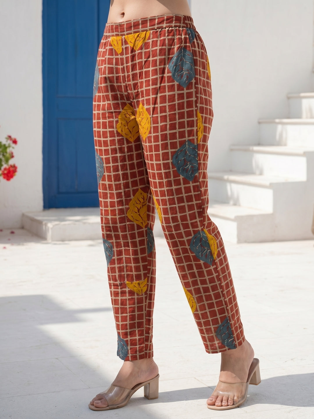 Abstract Checks & Foliage Print Straight Kurta with Palazzo - Maroon