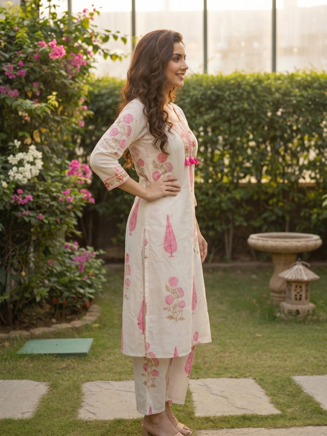 Mughal Print Embroidered A-Line Kurta with Palazzo - Pink