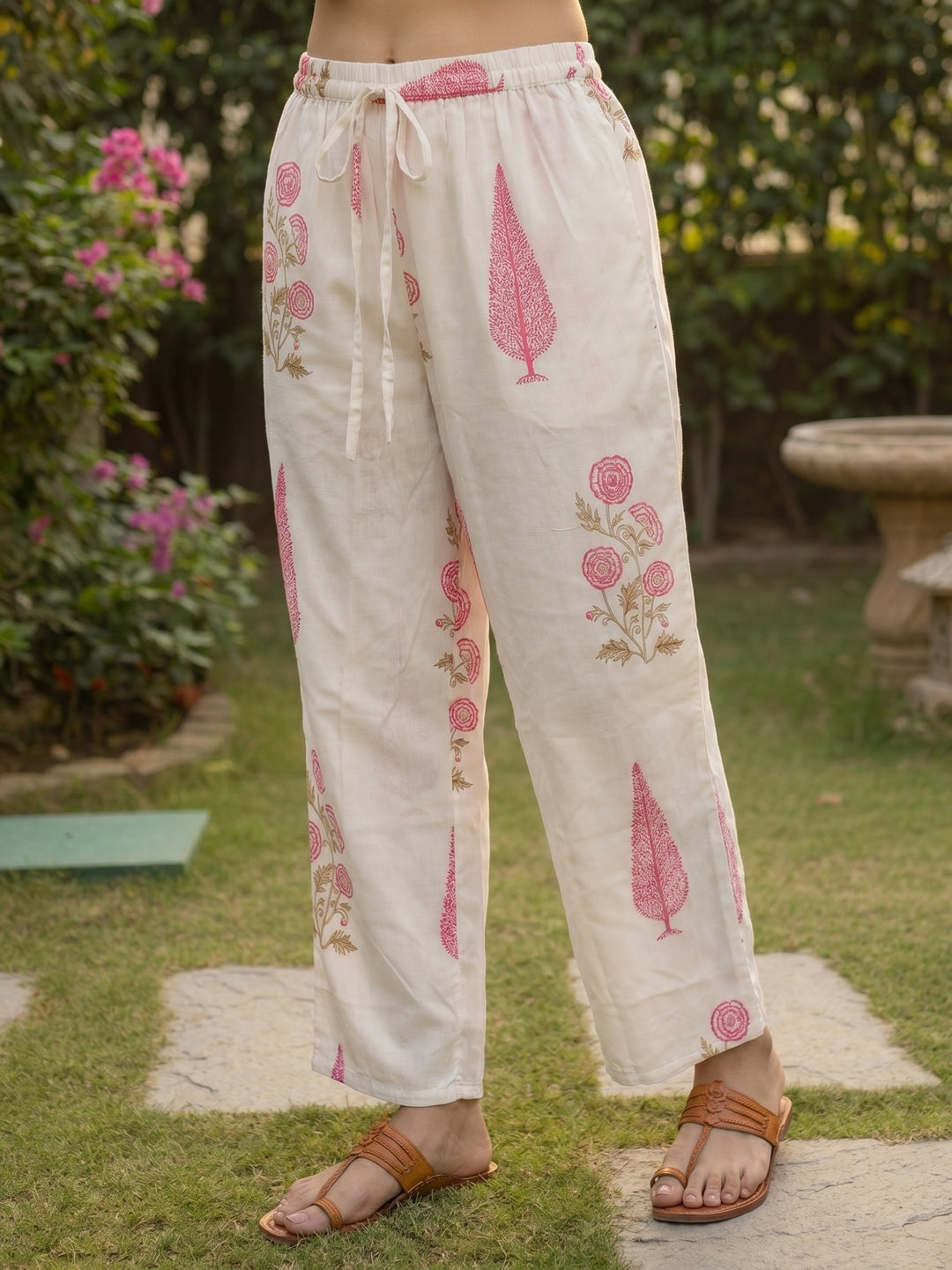 Mughal Print Embroidered A-Line Kurta with Palazzo - Pink