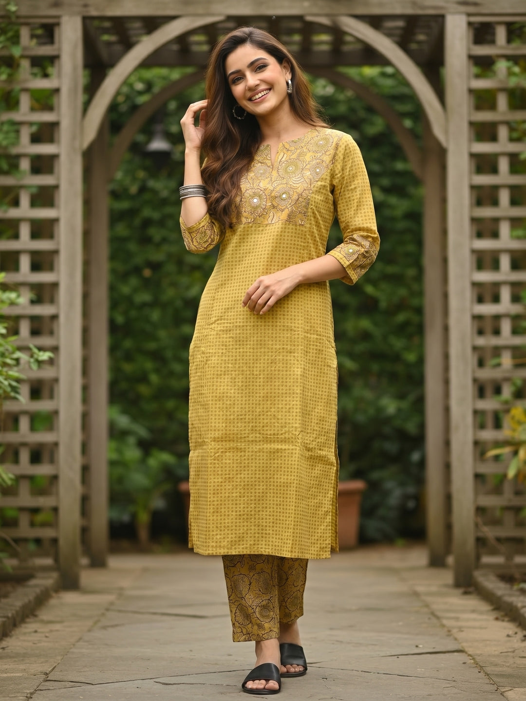 Checks & Jaal Print Mirror Work Straight Kurta with Palazzo - Yellow