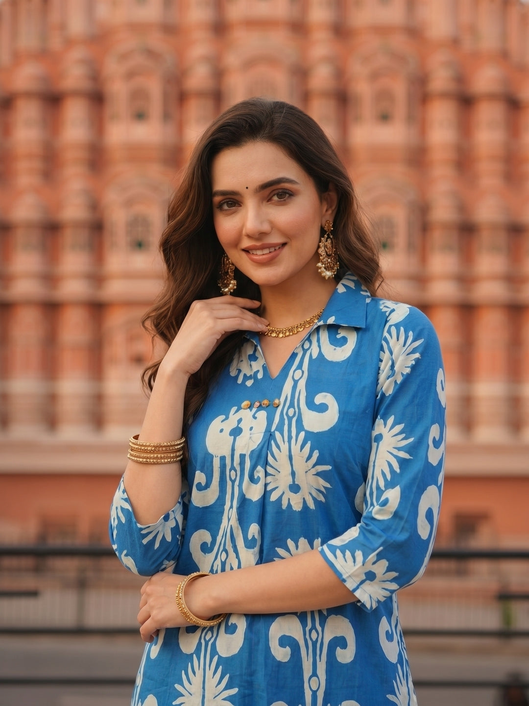 Ikat-Inspired Print Straight Kurta with Palazzo - Blue