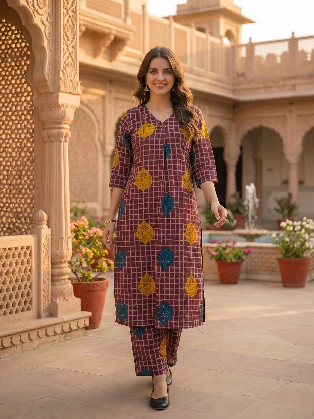 Abstract Checks & Foliage Print Straight Kurta with Palazzo - Magenta