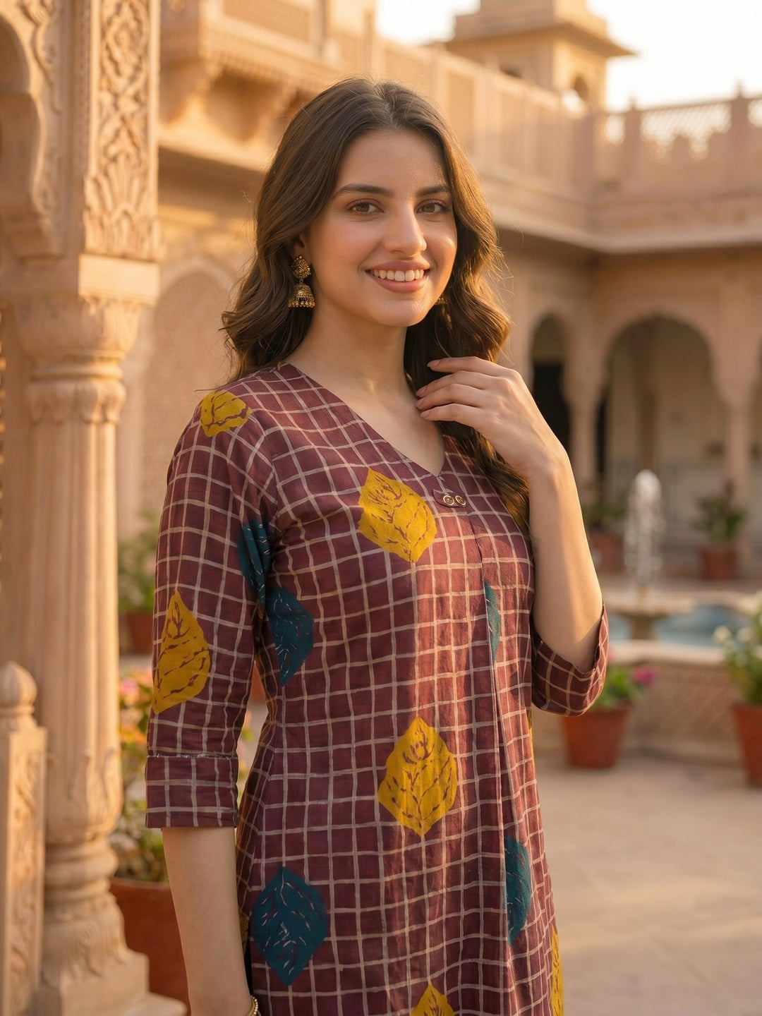 Abstract Checks & Foliage Print Straight Kurta with Palazzo - Magenta