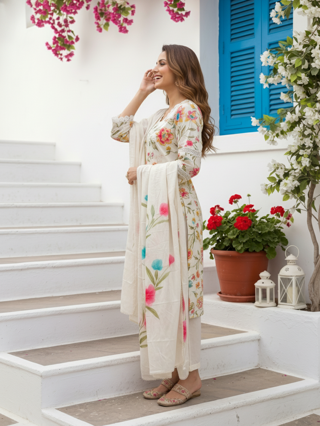Floral Printed Straight Kurta with Pant & Hand Painted Dupatta - White