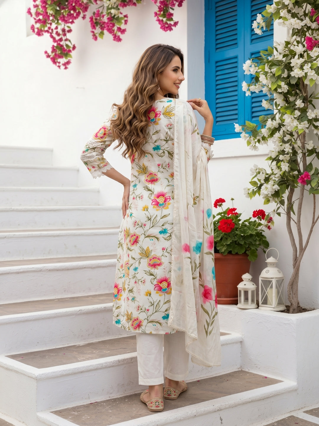 Floral Printed Straight Kurta with Pant & Hand Painted Dupatta - White