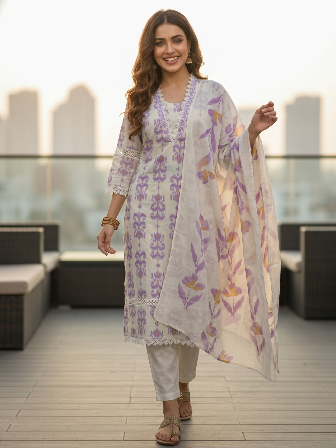 Ikat Printed Straight Kurta with Pant & Hand Painted Dupatta - Off White