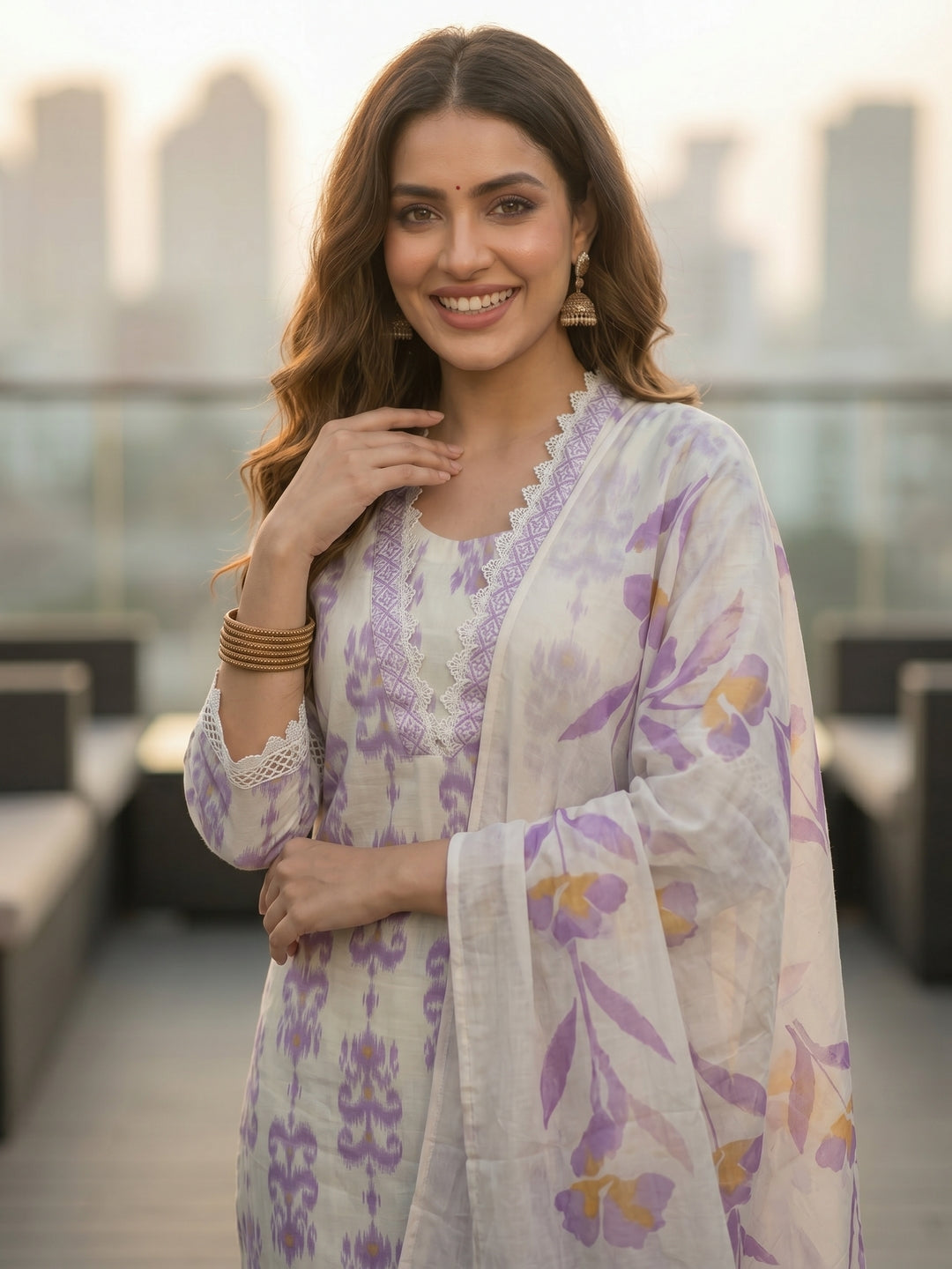Ikat Printed Straight Kurta with Pant & Hand Painted Dupatta - Off White
