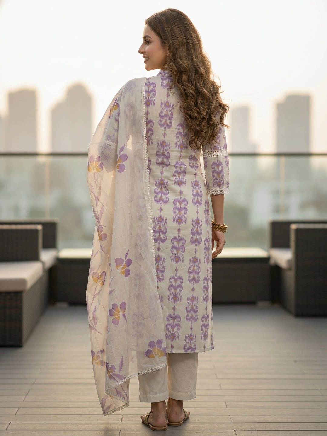 Ikat Printed Straight Kurta with Pant & Hand Painted Dupatta - Off White