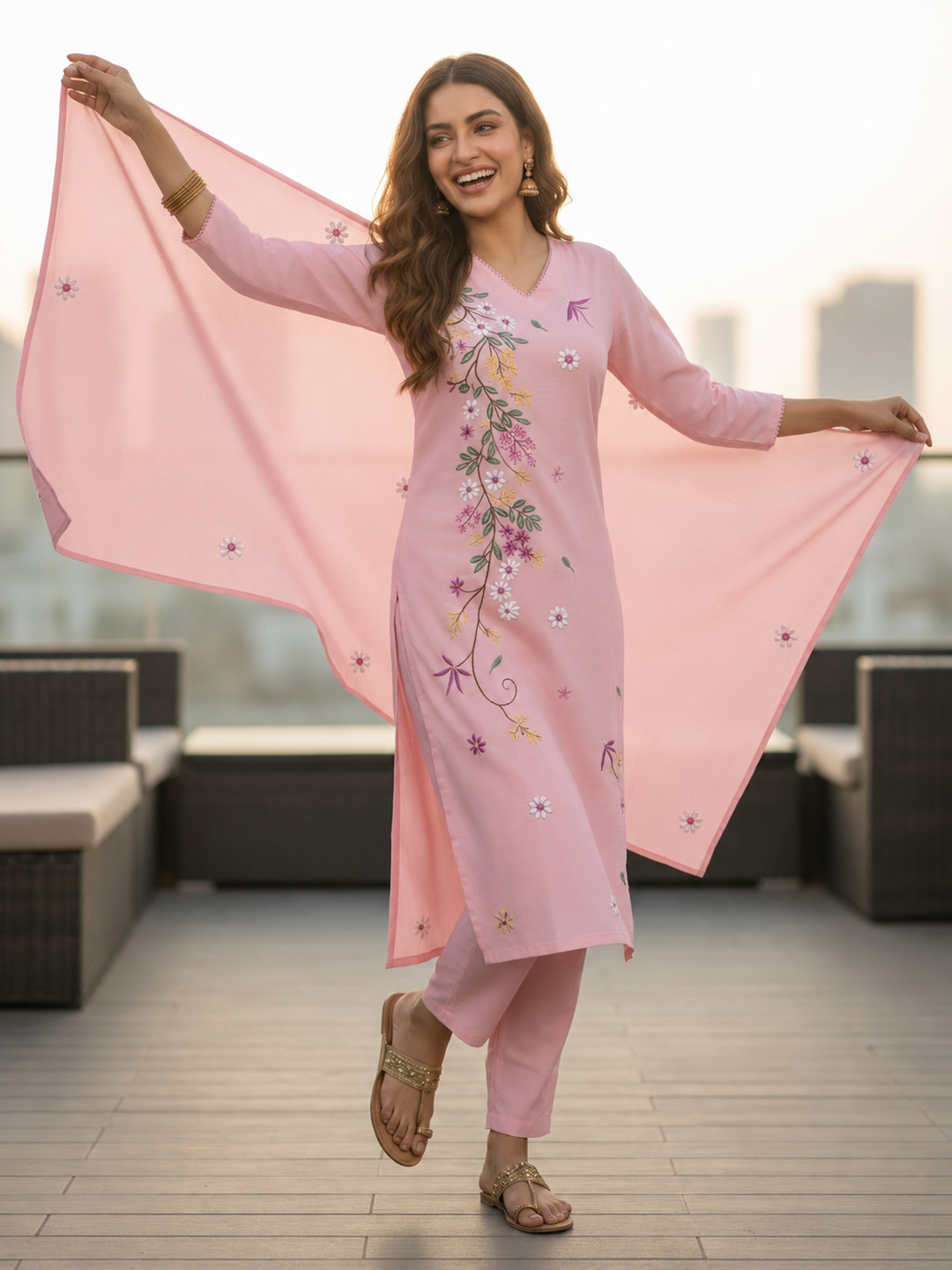 Solid Floral Embroidered Straight Kurta with Pant & Dupatta - Pink