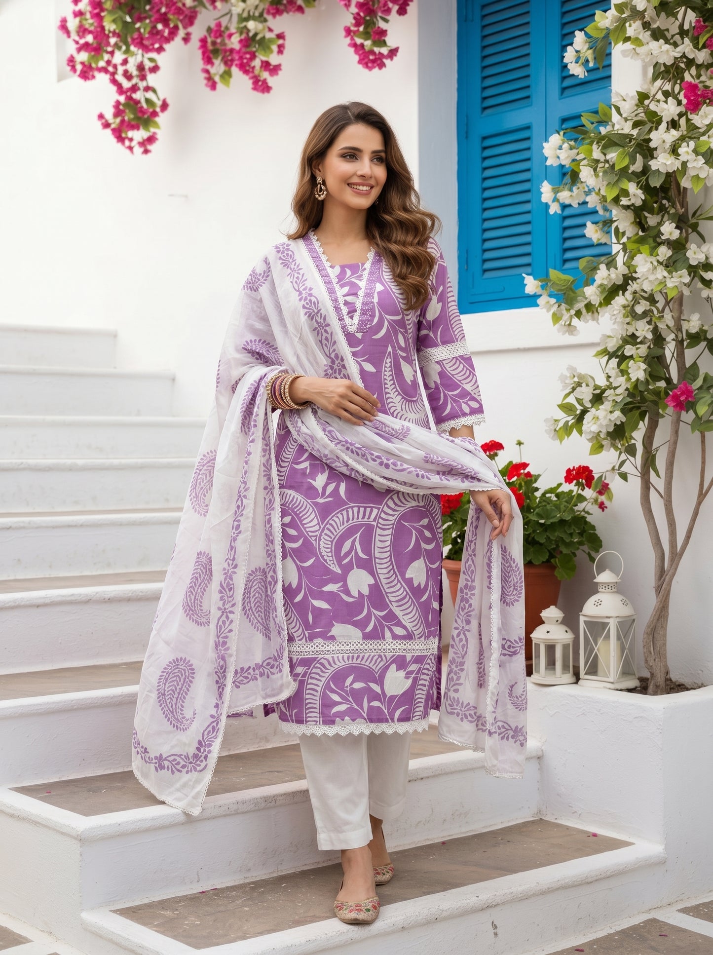 Lavender Printed Kurta Set with Pant & Dupatta