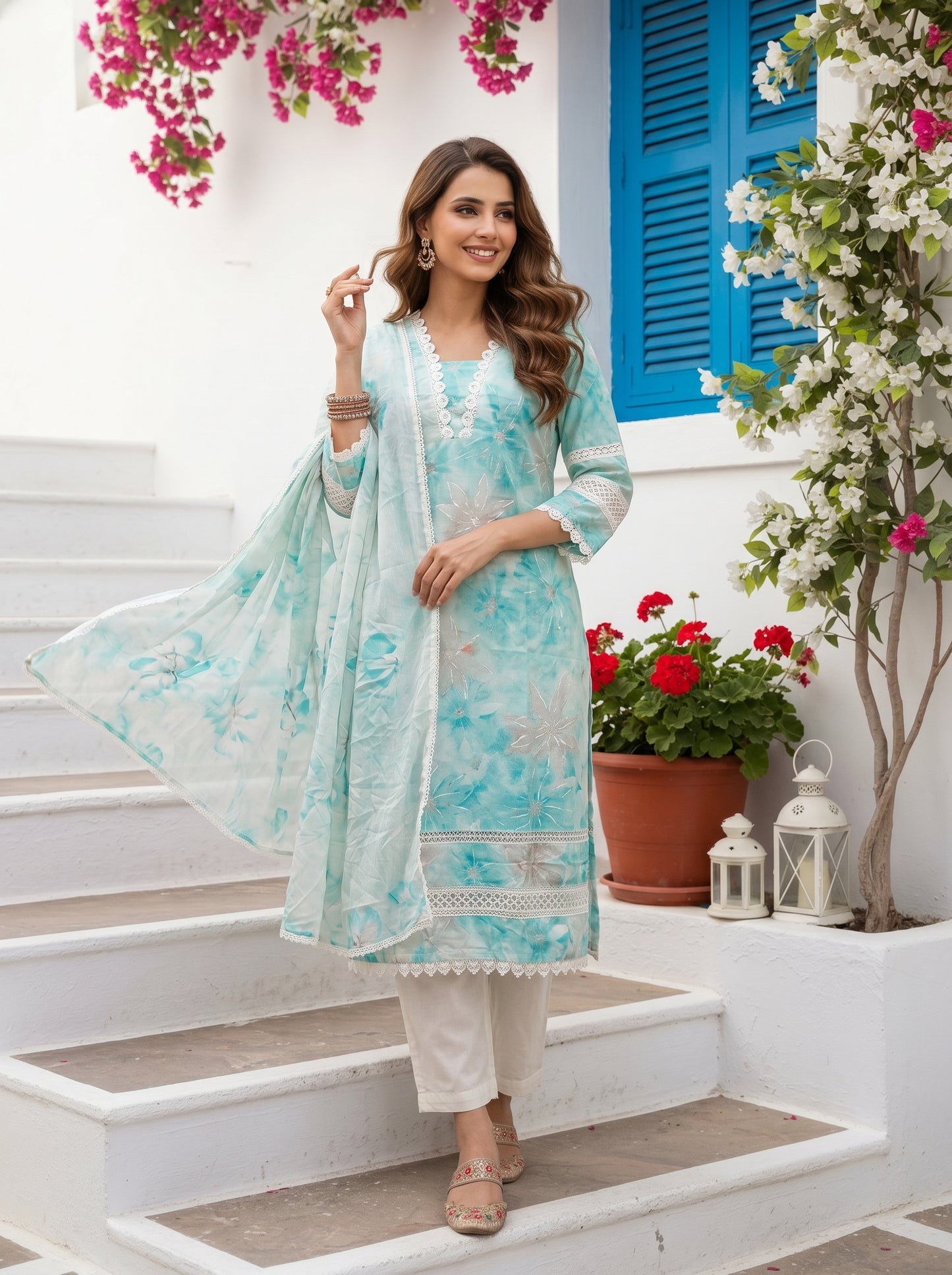 Floral Printed Straight Kurta with Pant & Hand Painted Dupatta - Blue