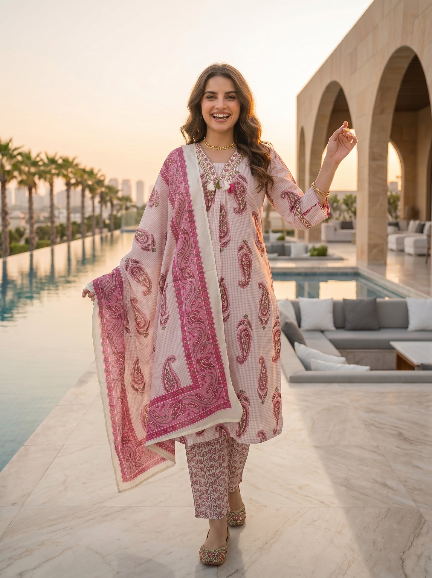 Checks & Paisley Print Straight Kurta with Palazzo & Dupatta - Pink