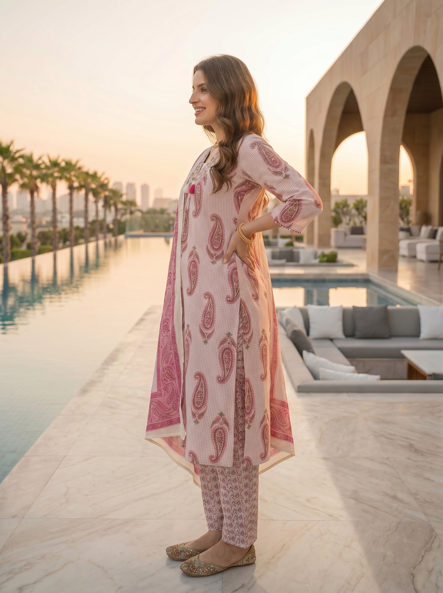 Checks & Paisley Print Straight Kurta with Palazzo & Dupatta - Pink