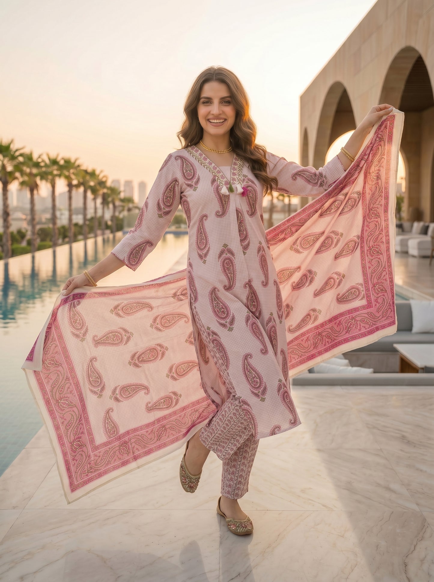 Checks & Paisley Print Straight Kurta with Palazzo & Dupatta - Pink