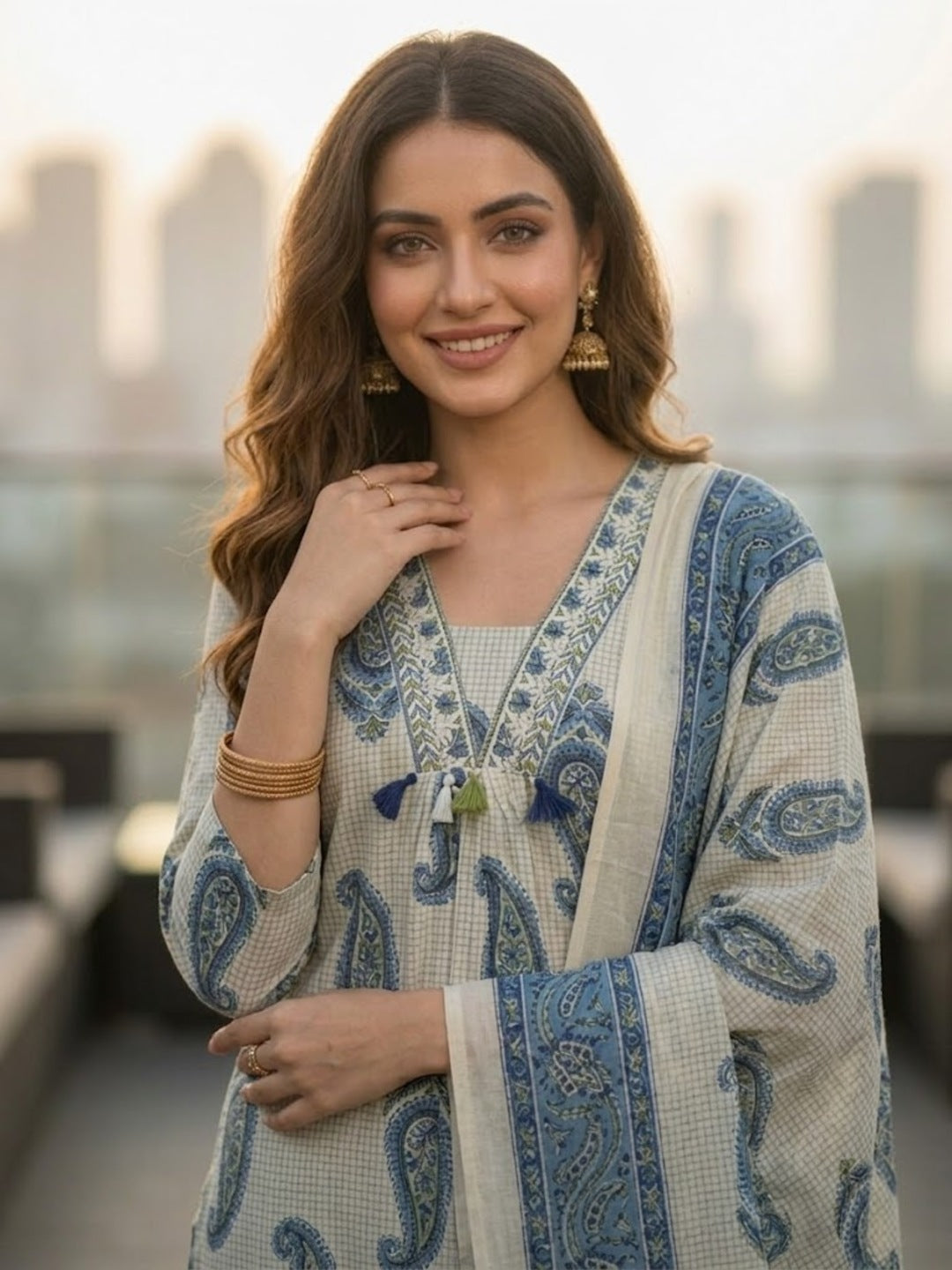 Checks & Paisley Print Straight Kurta with Palazzo & Dupatta - Blue