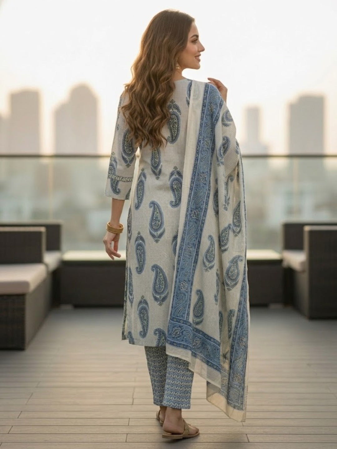 Checks & Paisley Print Straight Kurta with Palazzo & Dupatta - Blue