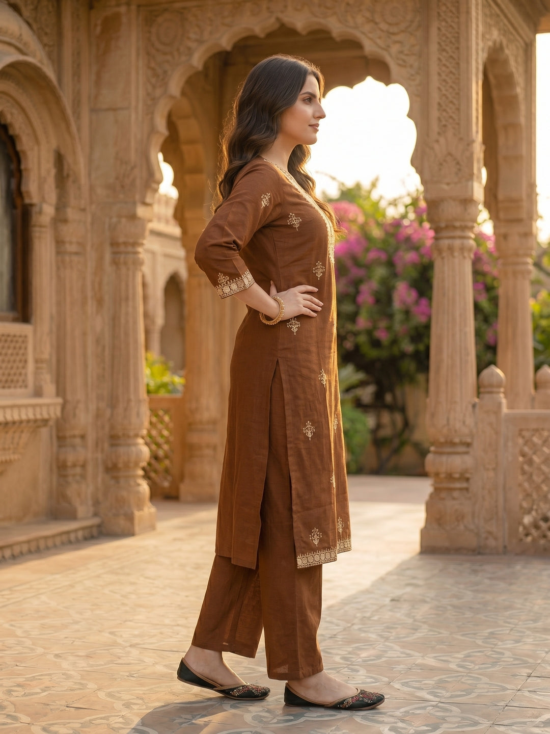Solid Dori Mirror Embroidered Straight Kurta with Palazzo - Brown